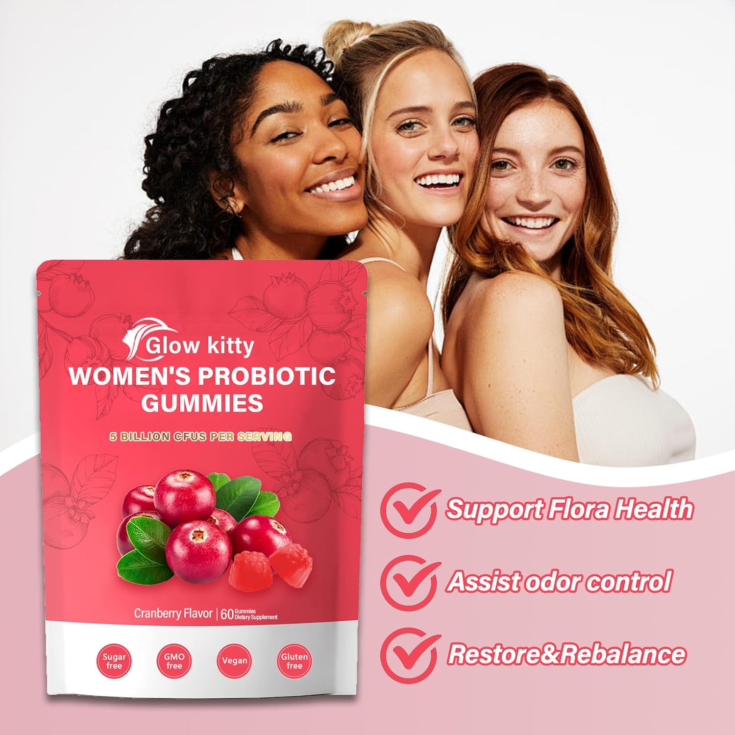 Glow Kitty Women's Vaginal Probiotics, Women's Balanced pH Gummies, Healthy Smell, Yeast Balance and Flora + Vitamin C, Immune Support - Cranberry Flavor (1pc) - Image 3