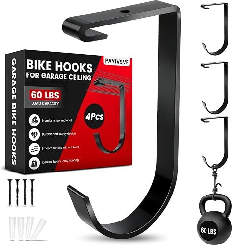 Payivsve Garage Ceiling Bike Hooks 4-Pack, Heavy Duty 60lb Flat Hooks for Overhead Metal Grid Storage Rack Payivsve Garage Ceiling Bike Hooks 4-Pack, Heavy Duty 60lb Flat Hooks for Overhead Metal Grid Storage Rack