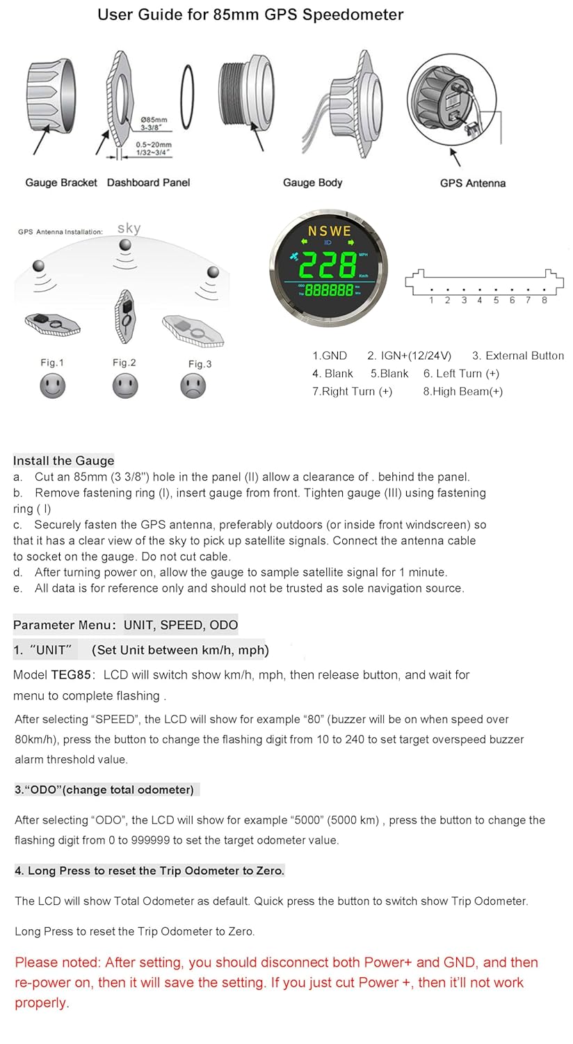 ELING 85mm (3 3/8'') Speedometer Gauge GPS 0-999(MPH, Km/h Adjustable) Odometer with Total Mileage Adjusetable Green Backlight High Beam 12V 24V for Car Auto Truck ATV Vessels