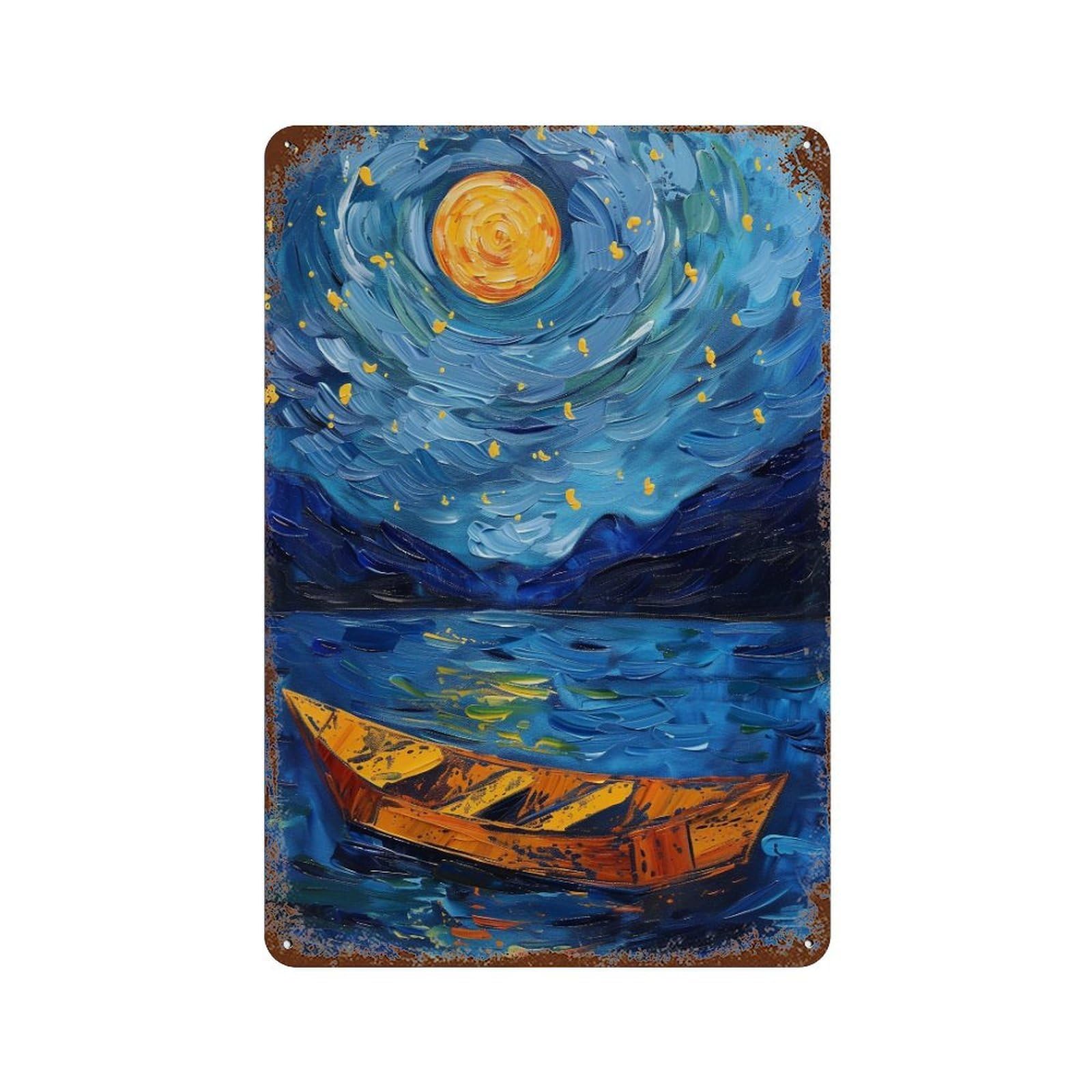 WUJHGRSG Van Gogh Style Twirl Blue Night Waterscape with Golden Vessel 02 Wall Art Retro Iron Vintage Metal Tin Sign Poster Modern Decor for Home Cofffee Club Bar Shop Style 30x20cm