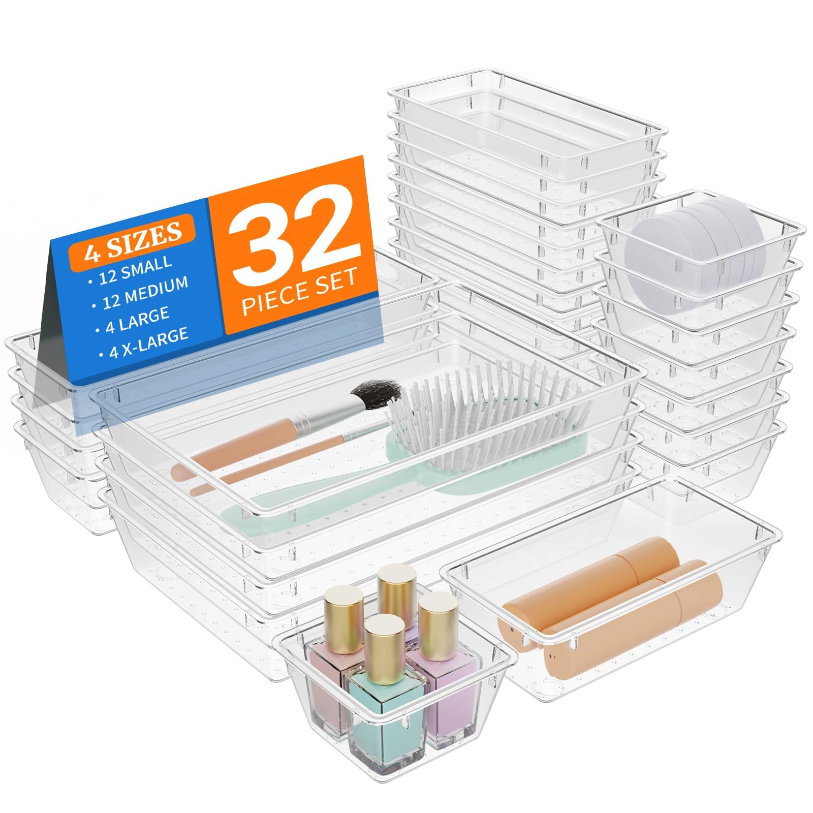 Juego de 32 organizadores de cajones de plástico transparente, bandejas organizadoras de tocador de 4 tamaños y contenedores de almacenamiento para maquillaje, joyas y accesorios en el