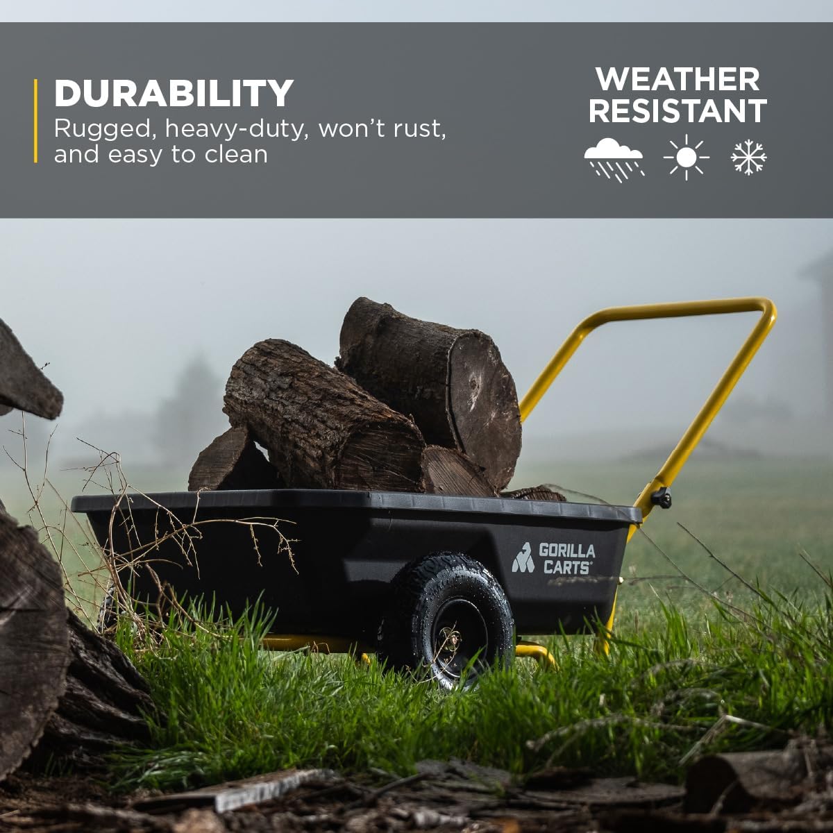 Gorilla Carts GCR-4 Poly Dump Cart, 2-Wheel Garden Wagon with Foldable Handle, 4 cu ft, 300 lb. Capacity, Black/Yellow