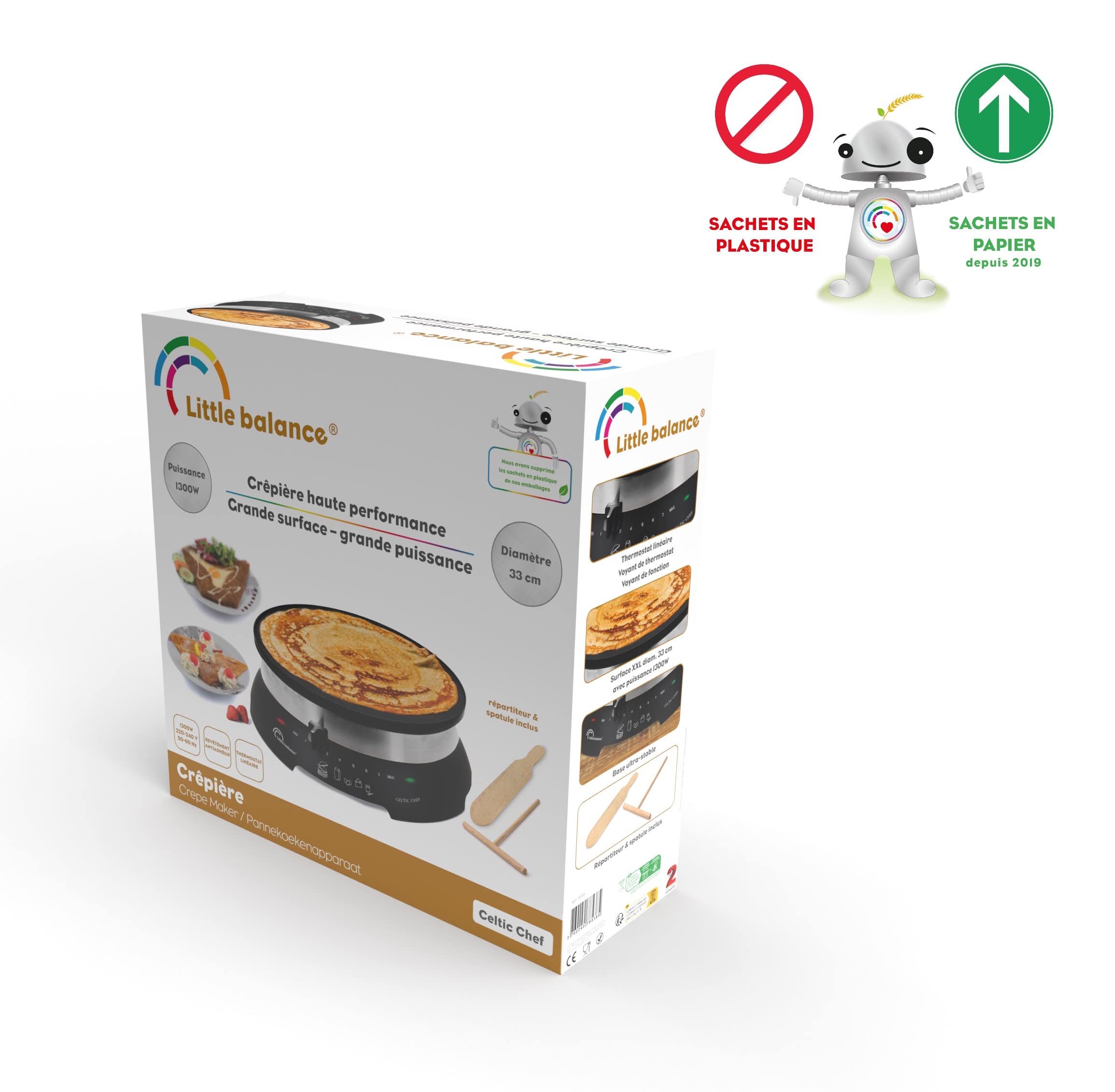 LITTLE BALANCE 8538 Celtic Chef, Crepiera elettrica 3 in 1: Pancake, Tortine, Plancha, Piastra XXL Diametro 33 cm, Termostato regolabile, 1300 W, Nero