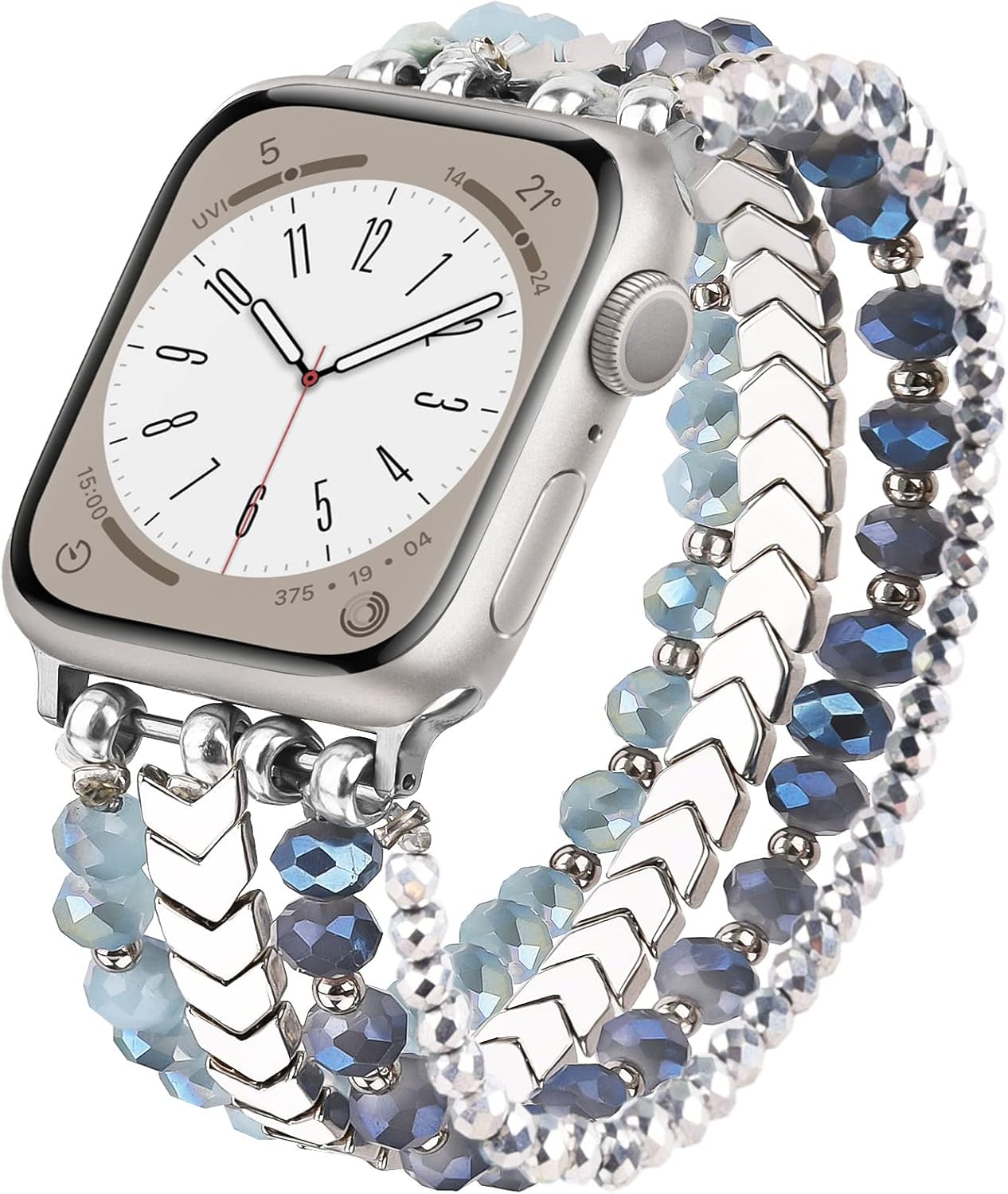 MOFREE Beaded Bracelet Compatible with Apple Watch Band 38mm/40mm/41mm/42mm, Fashion Elastic Stretch Women Bands for iWatch Series 11/10/9/8/7/SE/6/5/4/3/2/1 iPhone Watch Strap Bands (Blue/Silver)