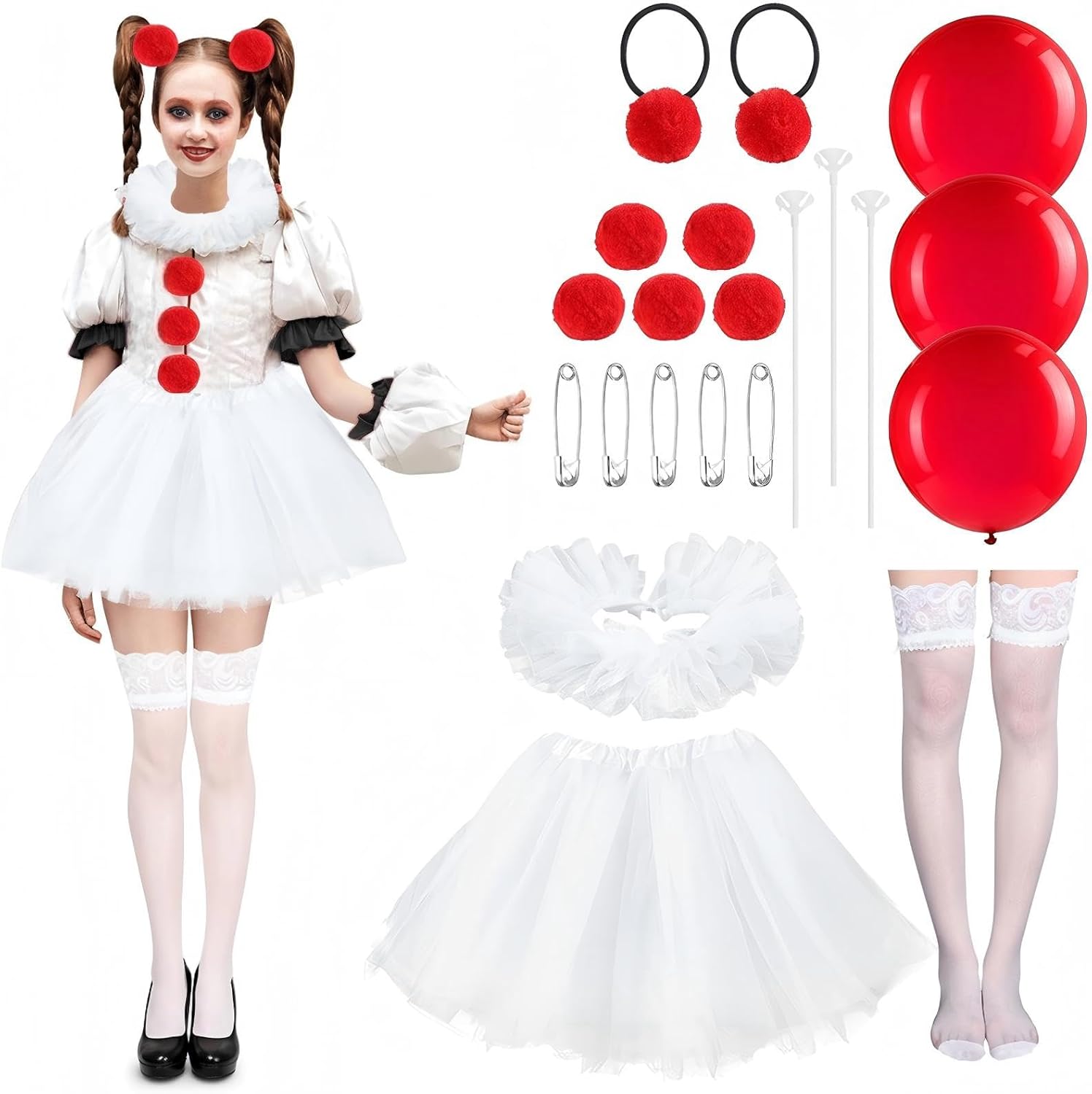 21 Pcs Halloween Clown Costume Accessories Set for Women Creepy Costume Include White Tutu Skirt Ruffled Fake Collar Red Color Balloon Clown Collar Movie Outfit for Halloween Cosplay Supplies