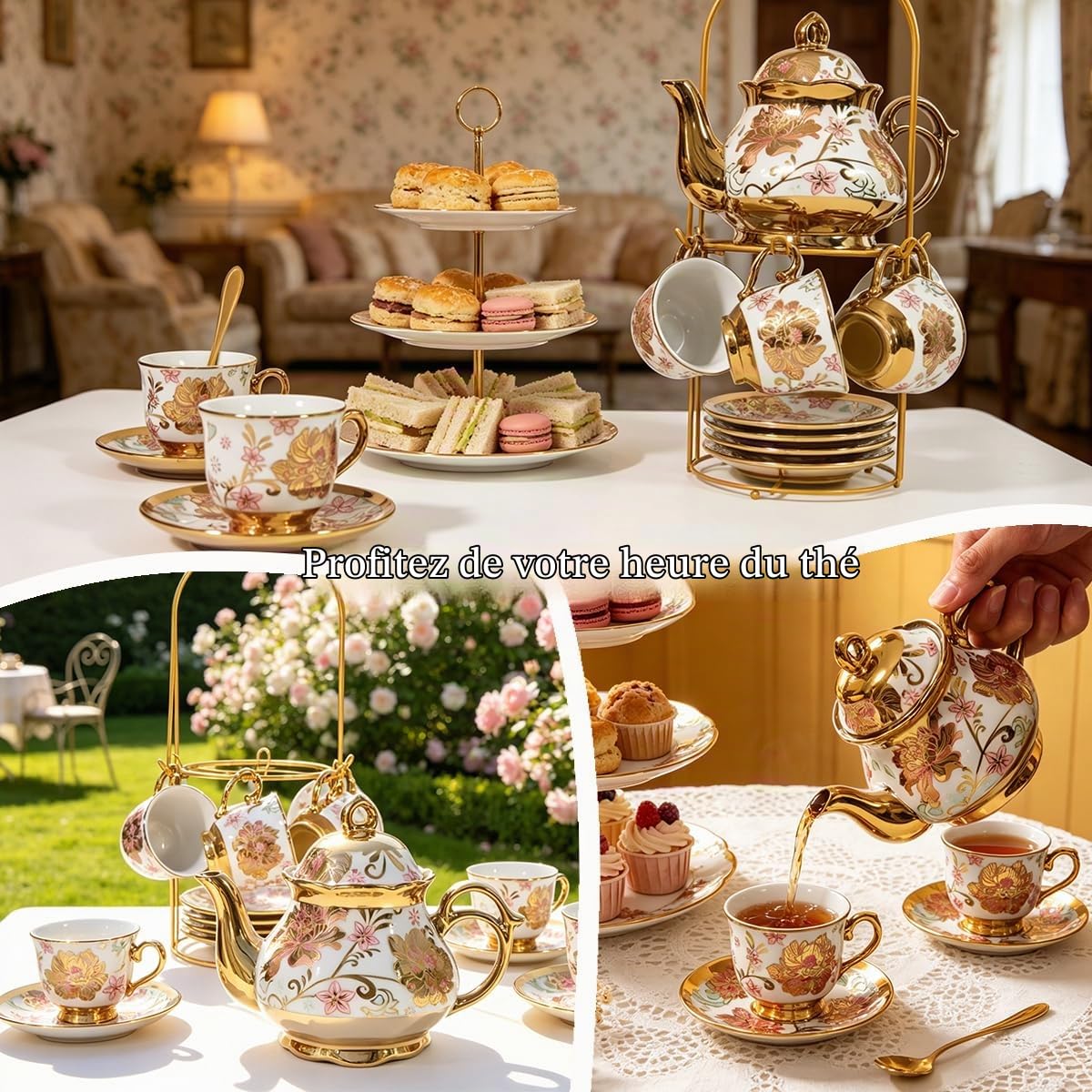 Service à thé en céramique rose rouge plaqué or, service à thé vintage avec théière, beau service à thé servant 6 personnes (pink, Medium)