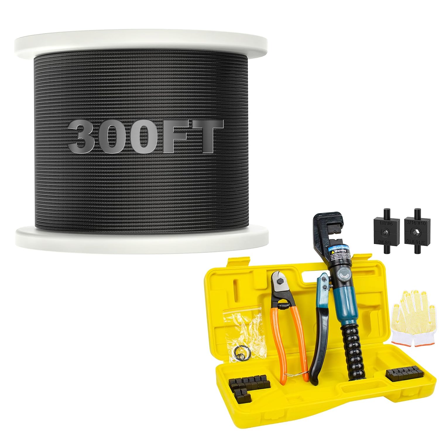 BLIKA 300FT 1/8" Black Deck Railing Cable and 10 Ton Hydraulic Crimping Tool and Cable Cutter
