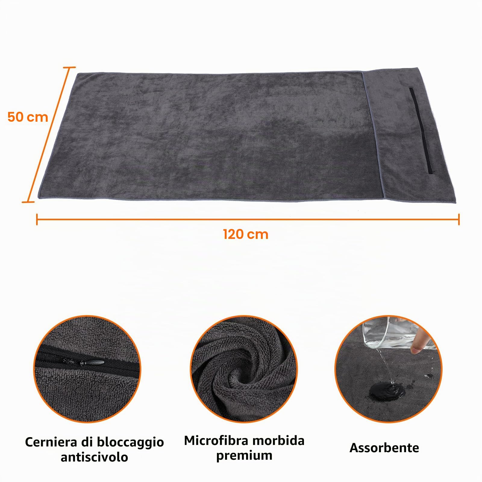 RMIVEGLIA Asciugamano microfibra 120x50cm – asciugamano palestra con tasca con zip e cappuccio di fissaggio – asciugamani Palestra per sport, yoga, relax e uso outdoor – telo palestra grigio
