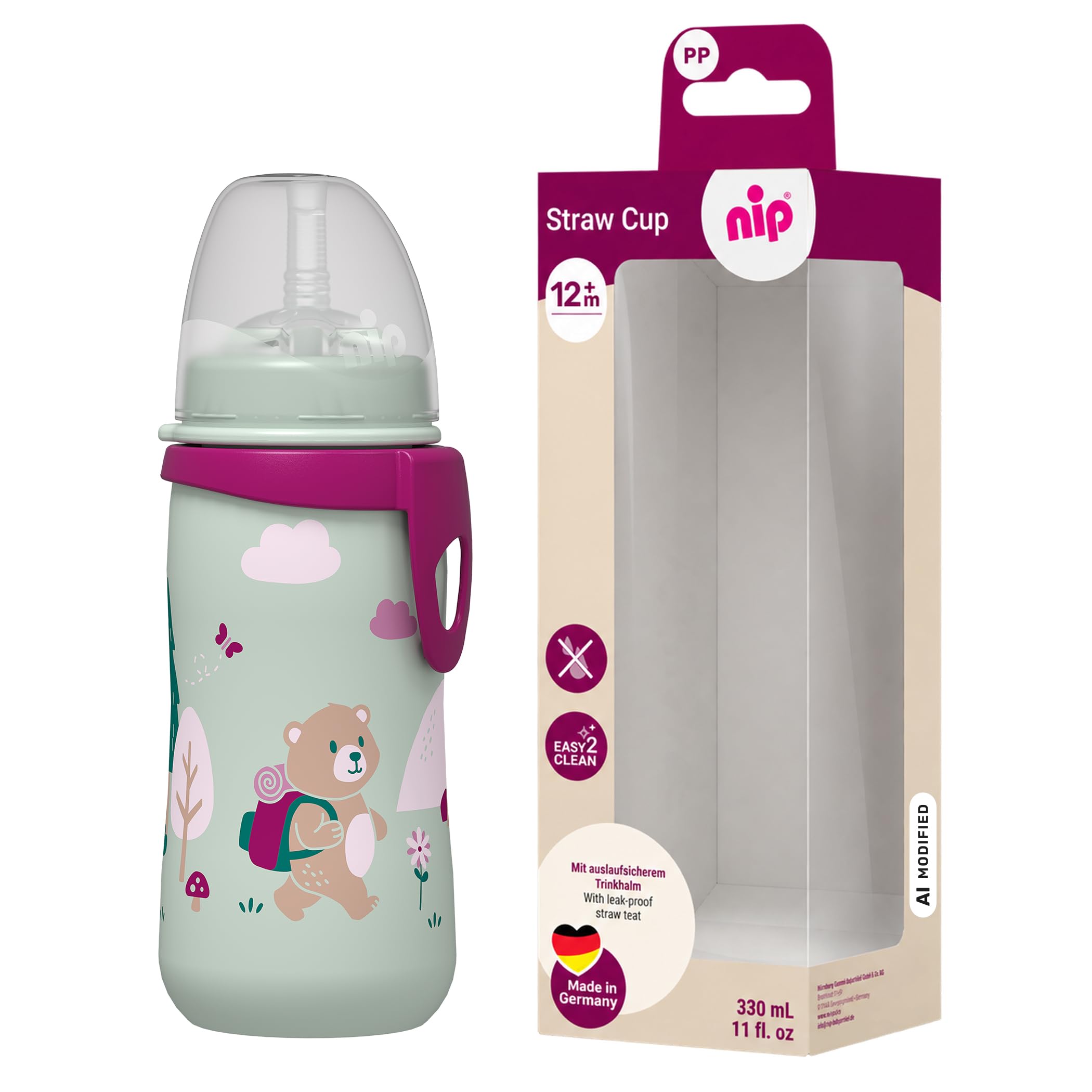 Nip Straw Cup, bicchiere con cannuccia, 12 mesi, 330 ml, rosa