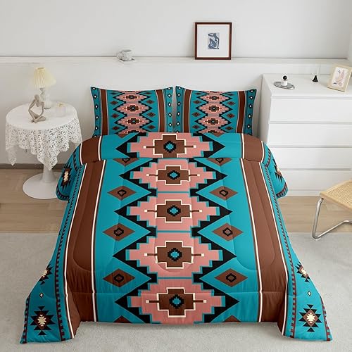 Miniatura 2 de Feelyou Juego de edredón bohemio azteca para niños, tamaño individual, juego de ropa de cama de color marrón verde azulado para niños y niñas,