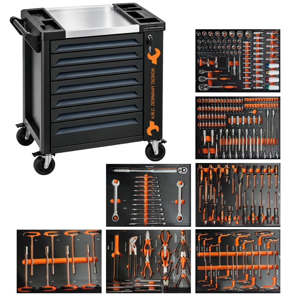 A.M.C. Carrello porta attrezzi completo di utensili con ruote e struttura rinforzata 7 cassetti Pieni di attrezzi professionali 256 pezzi di utensili Strumenti e minuteria inclusi Chiave Dinamometrica