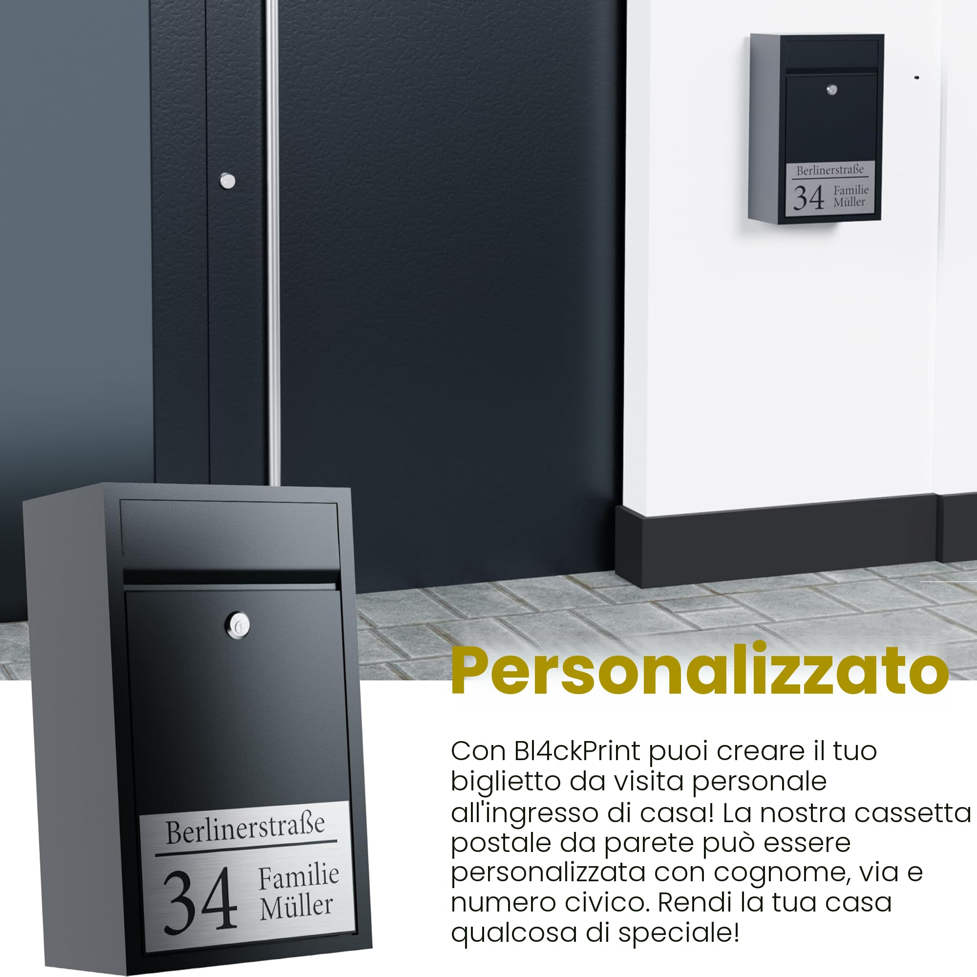 Bl4ckPrint Cassetta delle lettere antracite, personalizzabile con nome e numero civico, cassetta da parete alta qualità
