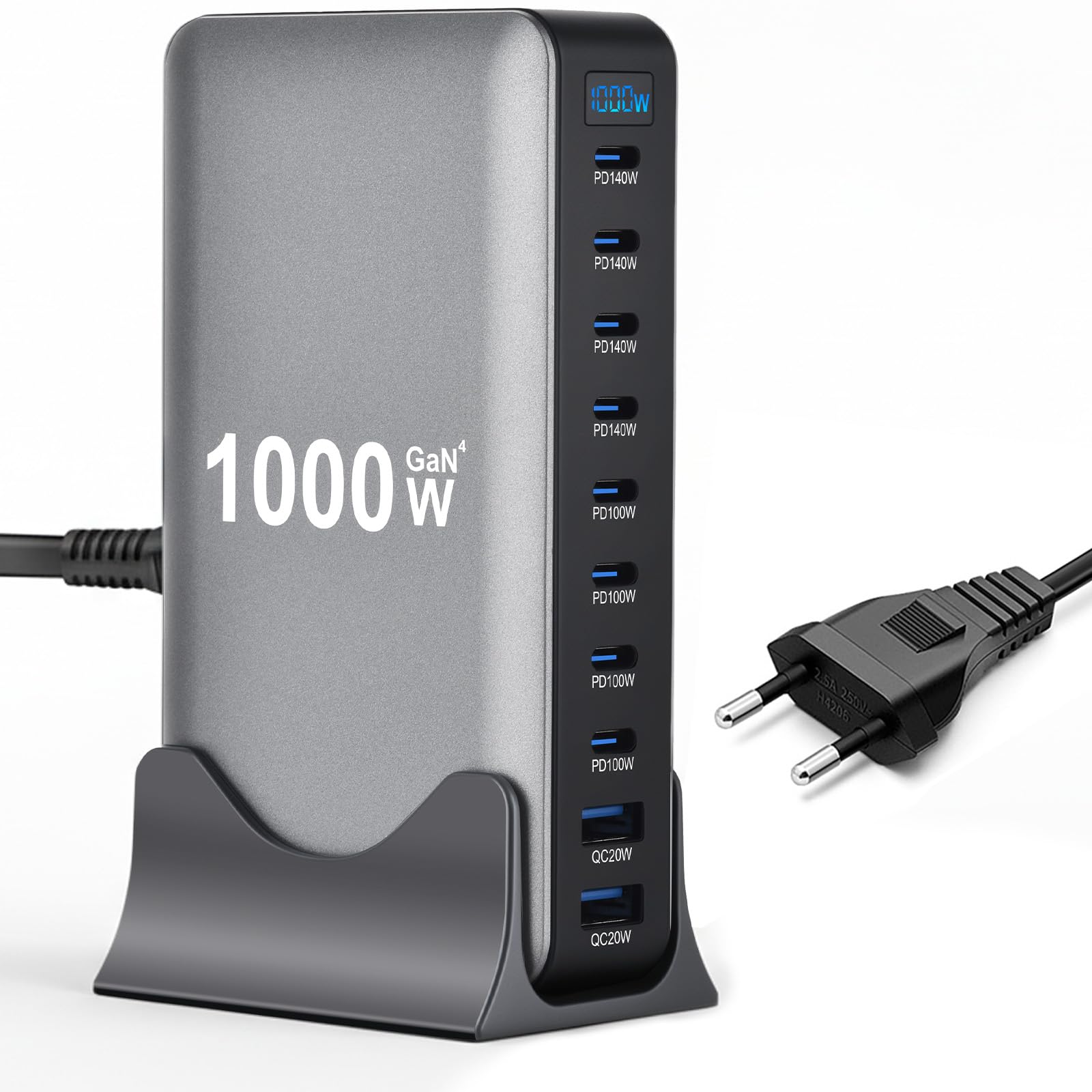 1000W USB C Ladegerät Mehrfach, 10 Ports Schnellladegerät Ladestation mit 8×USB-C-Ports (140W/100W) und 2×USB-A-Ports (20W QC), für iPad, iPhone 16/15