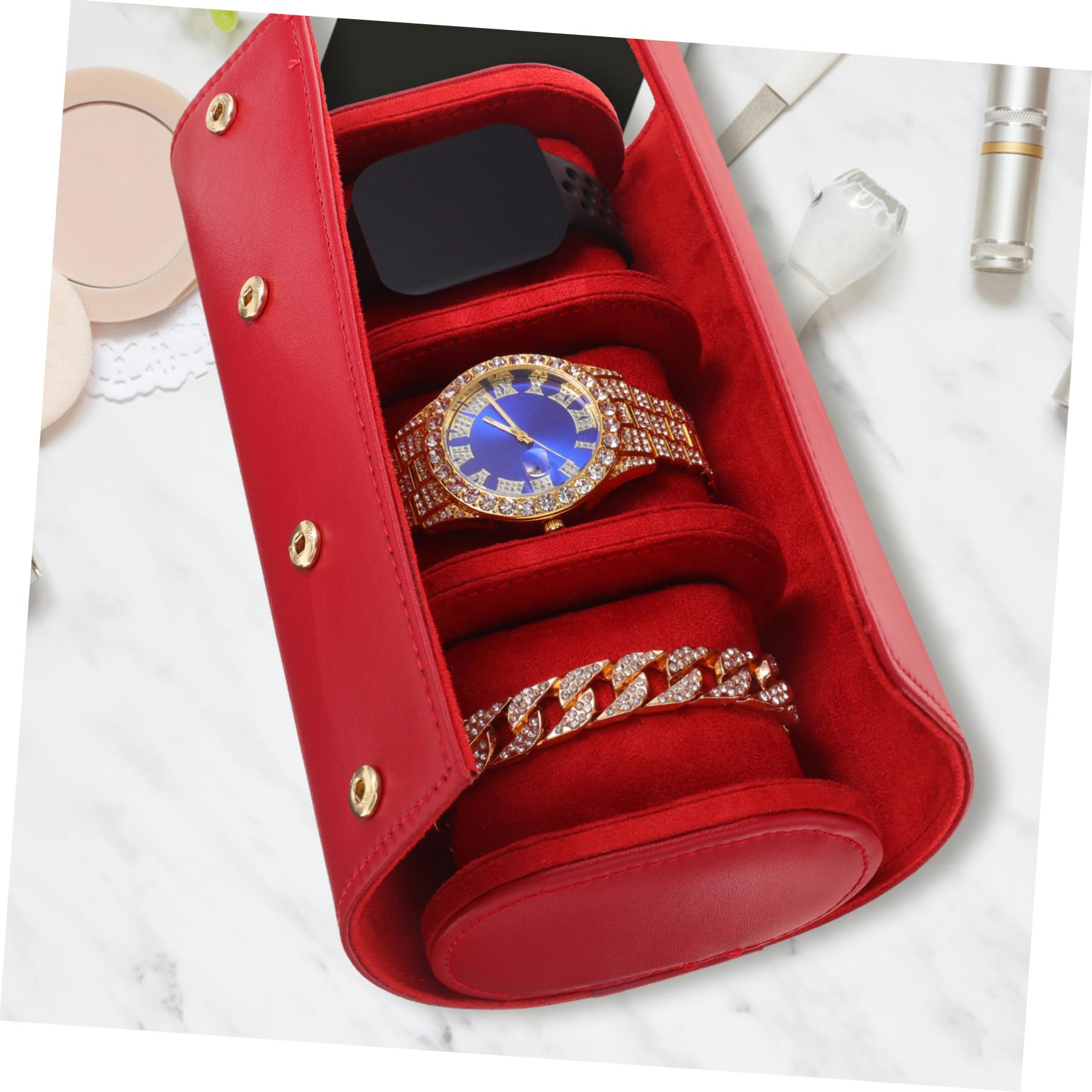 COLLBATH Estuche de Cuero Rojo Elegante y Fácil de Transportar para Reloj 3 Compartimentos Adecuado para Viajeros y Entusiastas de Relojes