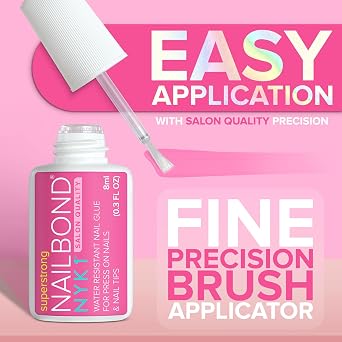 Super Strong Nail Glue for Press On Nails, Nail Tips & Acrylic Nails (8ml) NYK1 NailBond Brush On Glue for Press Ons, Tips & Acrylics - Long Lasting, Maximum Strength, Mess-Free Application