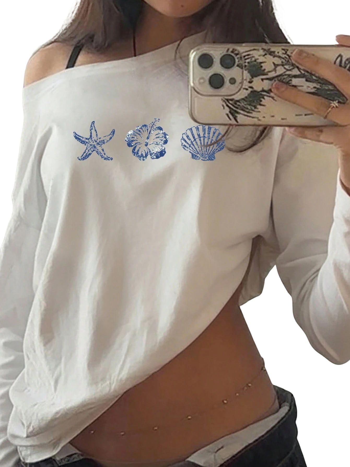 SXV STYLE Off Shoulder Tshirt with Blue Seashell, White, Long Sleeve, Cotton Blend, Nautical Beach Theme-picture-35