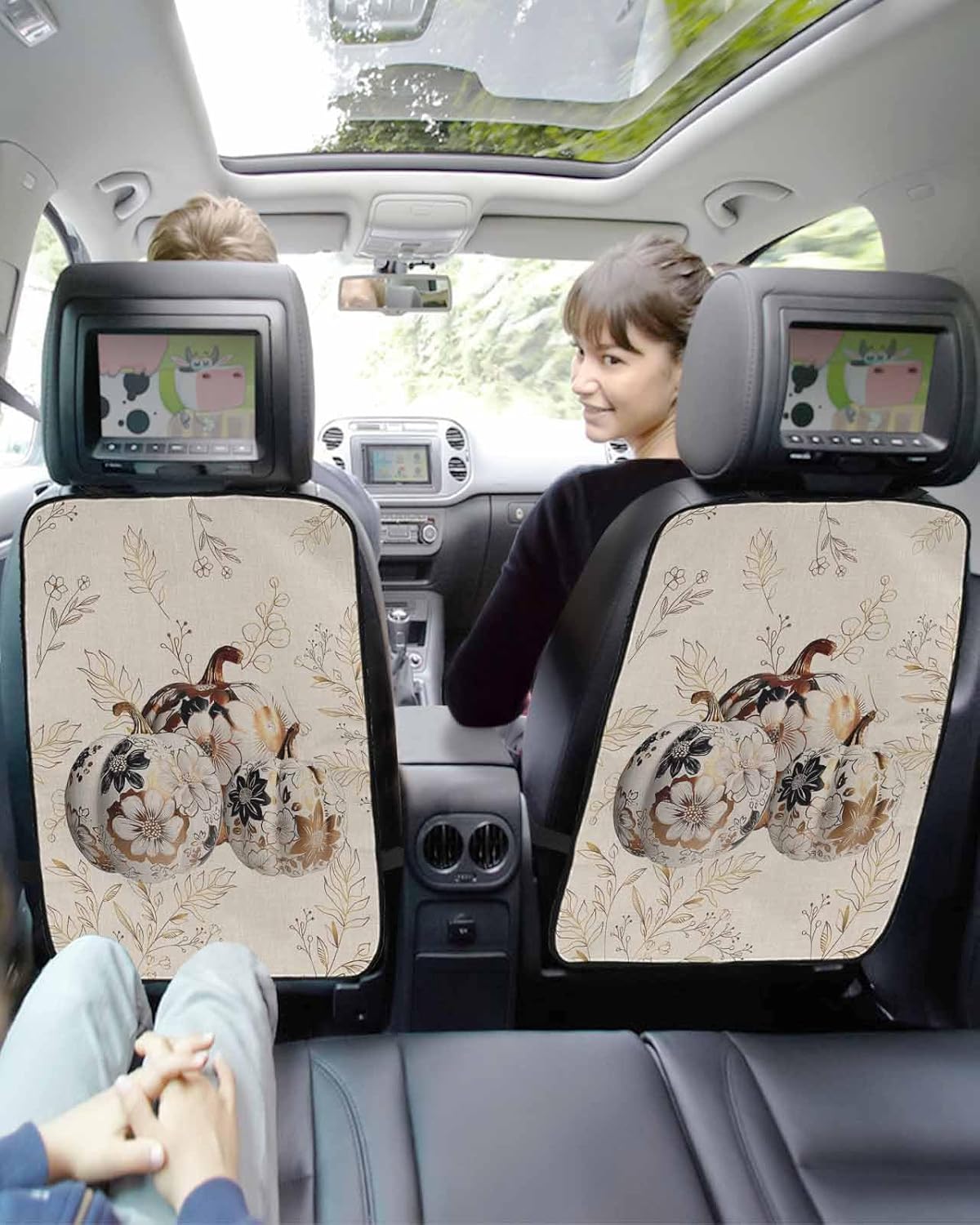 Car Seat Protector, 2 Pack Kick Mats Back Seat Protector Fall Thanksgiving Pumpkin with Floral Golden Botanical Leaves Linen Waterproof Backseat Cover for Universal Fit Automotive Interior Protectors