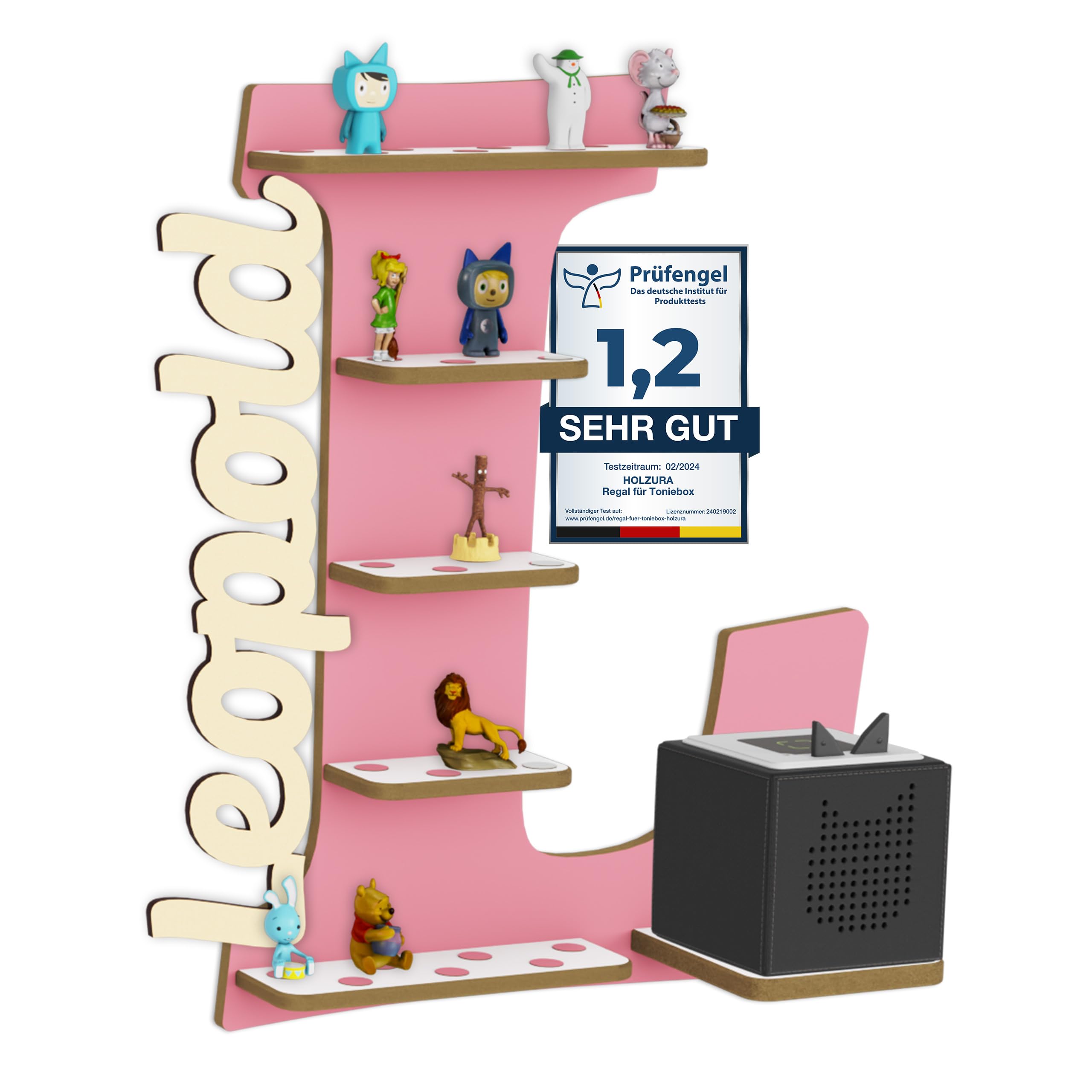 Holzura Tonie Regal für Toniebox, Toniebox Regal personalisiert mit Name und Holzsymbolen, Tonie Aufbewahrung (Buchstabe L)