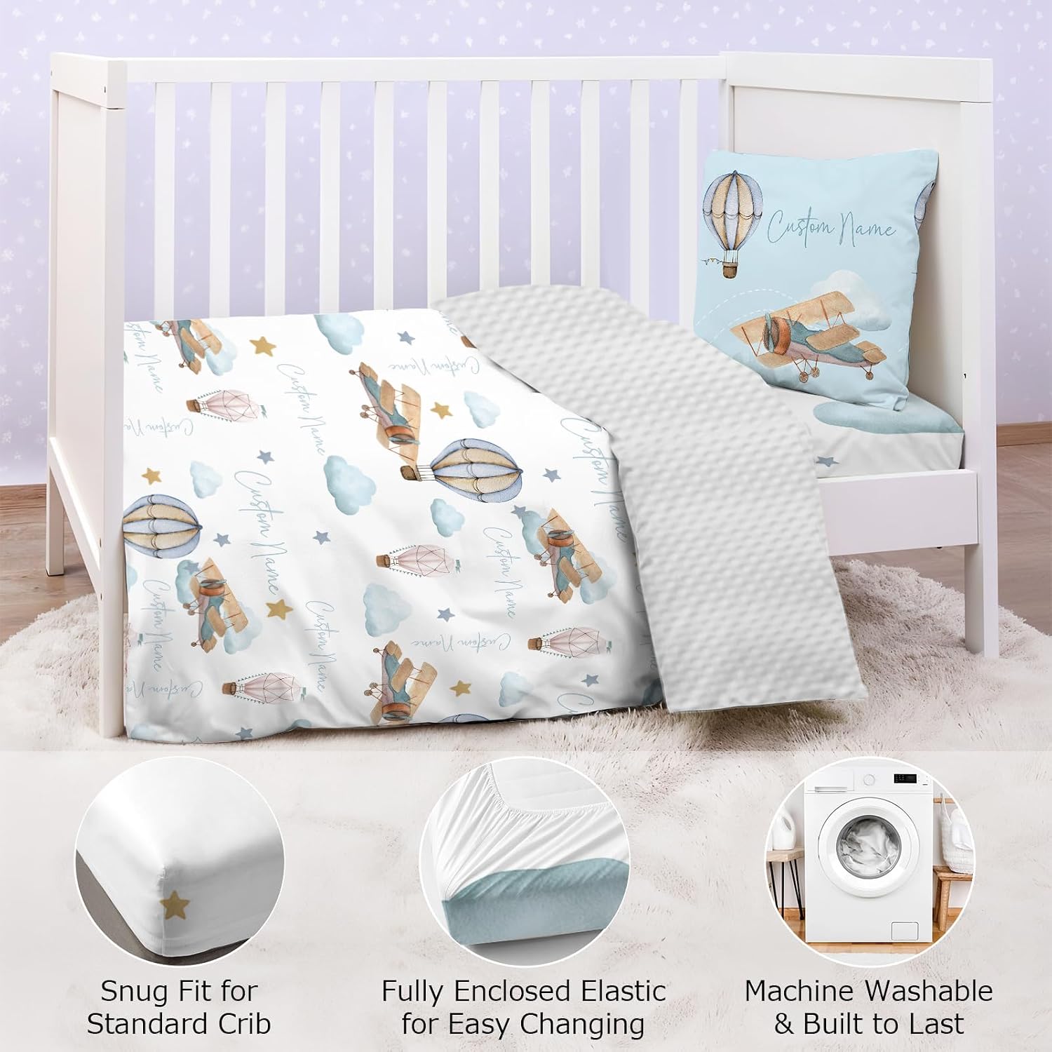Personalized Baby Crib Bedding Set,3 Piece Custom Name Nursery Set with Blanket, Fitted Sheet & Pillowcase for Baby Girls & Boys, Sky Adventuren Theme(Fixed Size)