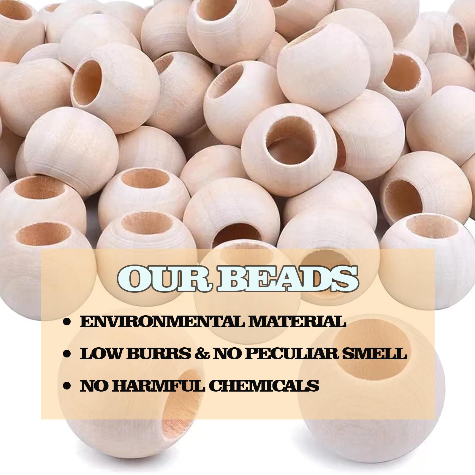 120 PCS Kit per lavorazione perline - legno naturale ovali e rotonde con grandi fori non finiti per macramè, artigianato fai da te, gioielli e decorazioni per la casa