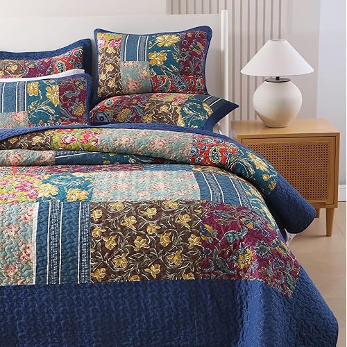 Miniatura 2 de Juego de colcha de algodón reversible, 3 piezas de retazos azules vintage floral cachemira, tamaño Queen