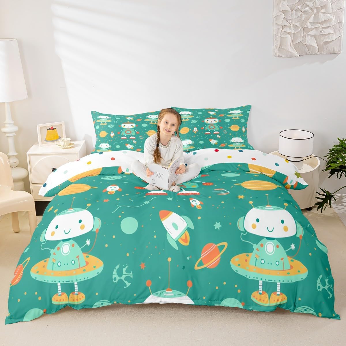 Kawaii Robot Duvet Cover Set Toddler Size Universe Spacecraft Rocket Comforter Cover Cartoon Sci-Fi Robots Bedding Set 2pcs for Kids Starry Galaxy Planet Bedspread Cover,Comforter Not Included