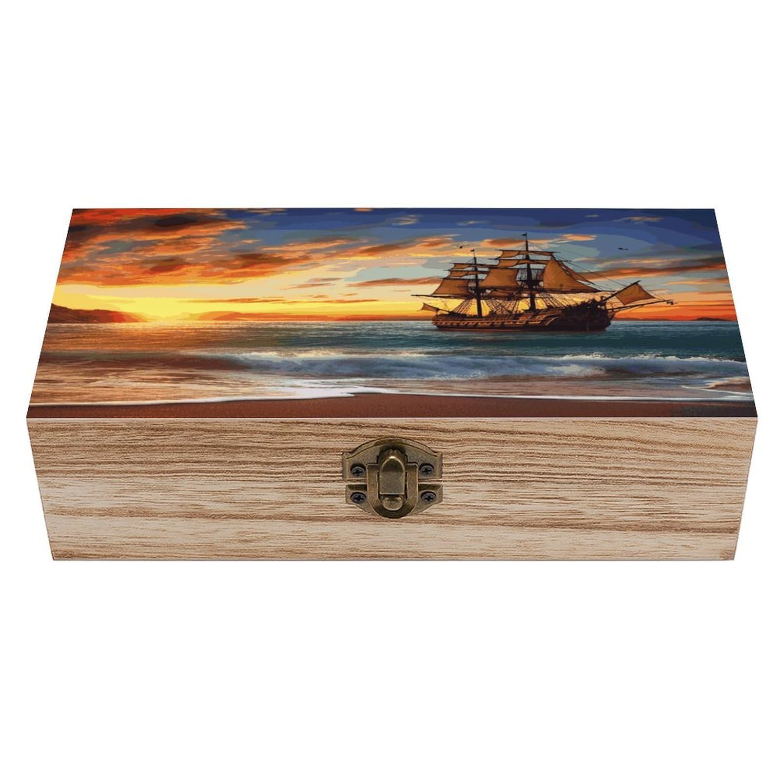 JTREHY Pirate Ship in The Sunset Wooden Keepsake Box Vintage-Style Wood Keepsake Case with Hinged Lid Solid Wood Boxes Beautifully Memory Treasure Case Vintage-Style Wooden Storage Box