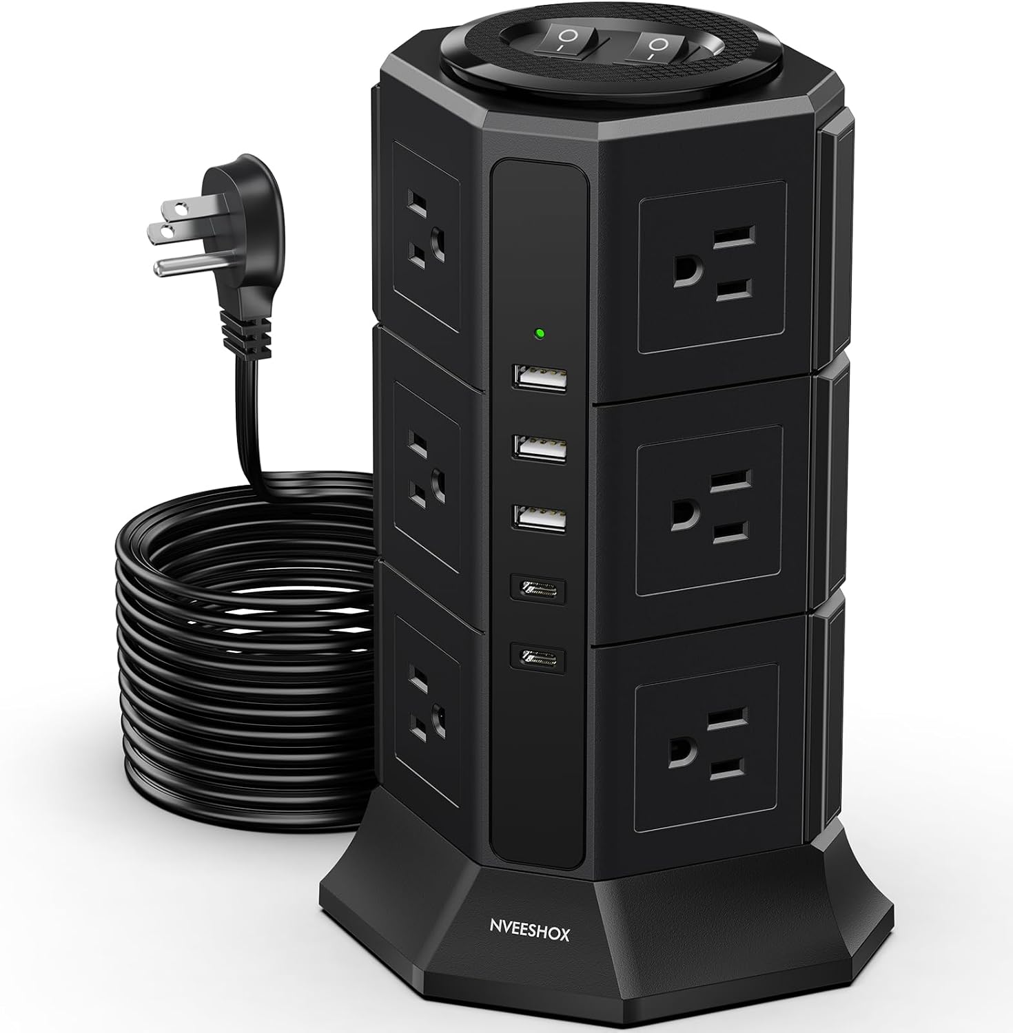 Surge Protector Power Strip Tower, 10FT Ultra Flat Extension Cord with 12 AC Outlets 5 USB Ports(2 Type C), Desktop Charging Station, Flat Plug Outlet Extender for Home Office Dorm Black+5USB+10FT