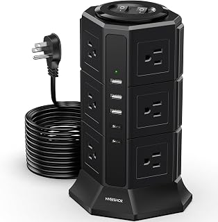 Surge Protector Power Strip Tower, 10FT Ultra Flat Extension Cord with 12 AC Outlets 5 USB Ports(2 Type C), Desktop Charging Station, Flat Plug Outlet Extender for Home Office Dorm