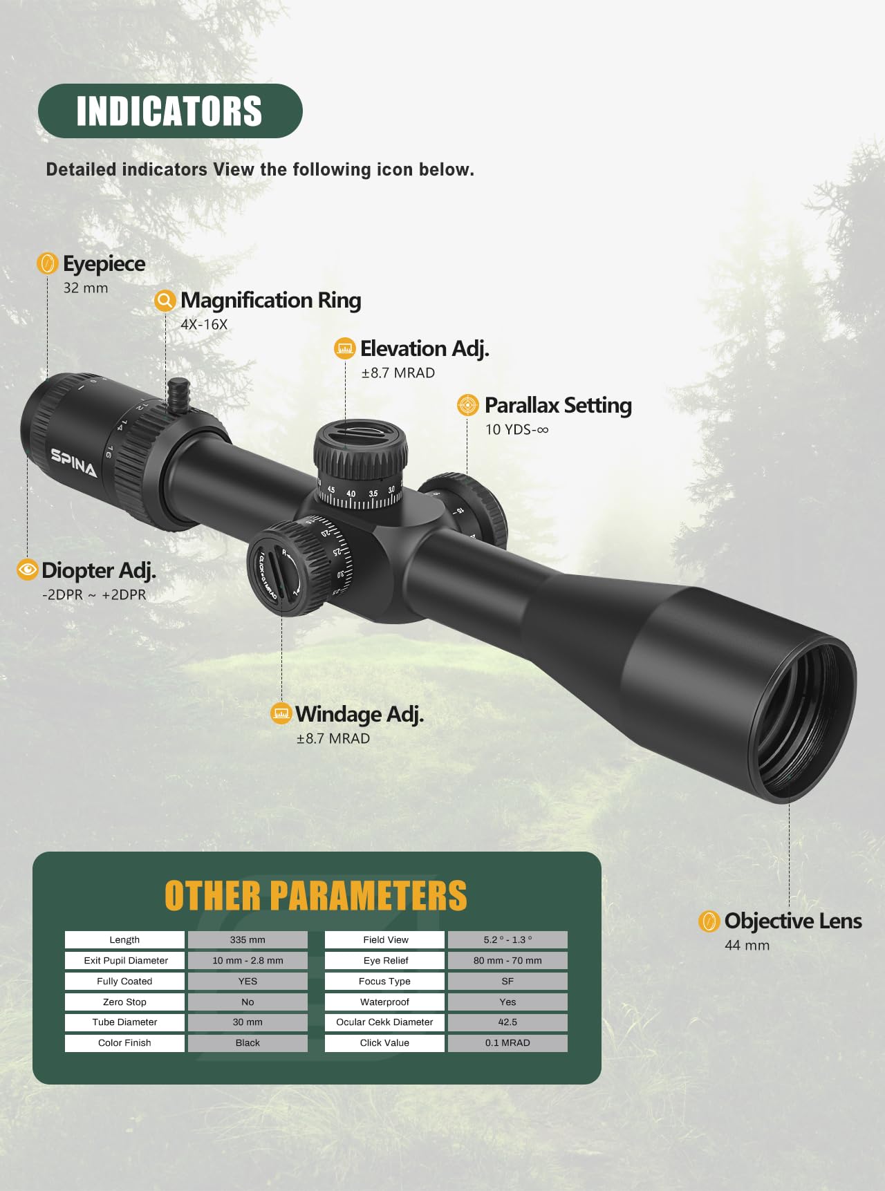 SPINA OPTICS 4-16x44 II Primo cannocchiale a piano focale MRAD