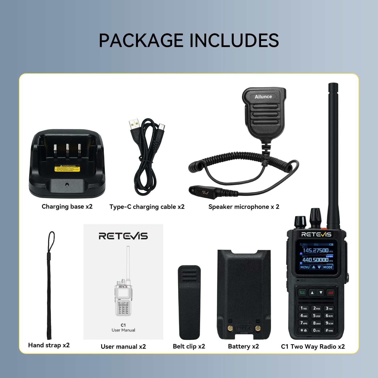 Retevis C1 Walkie Talkie Profesjonalne, Wodoodporne Krótkofalówki Dalekiego Zasięgu z Mikrofonem, Dual Band, Alarm Awaryjny, VOX, Akumulator Walkie Talkie 1800 mAh dla Logistyki (Czarny, 2 Szt)