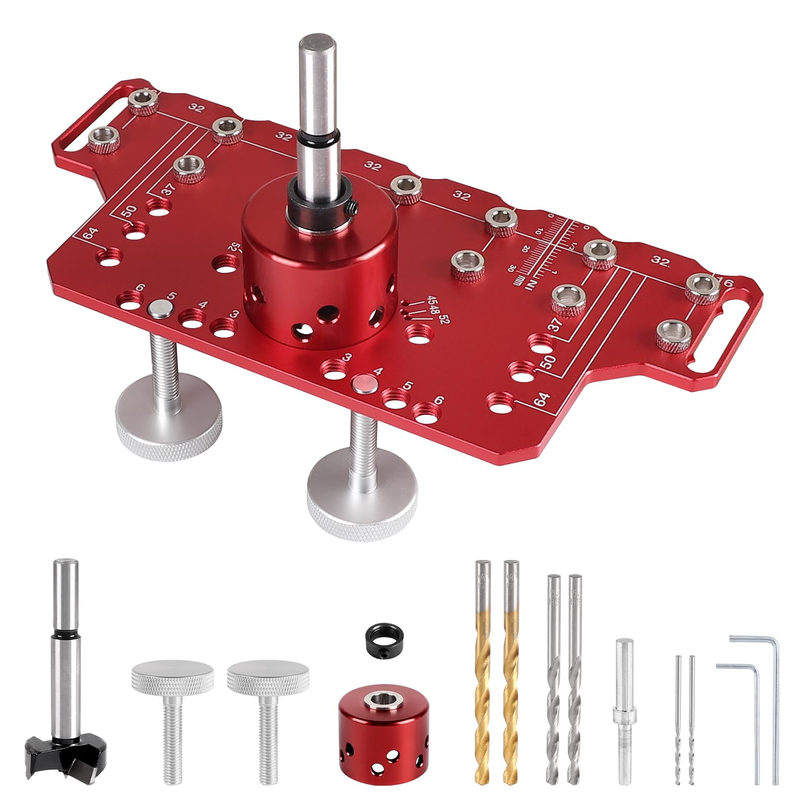 Regalstift-Bohrvorrichtung Rot Shelf Pin Jig und Cabinet Hinge Jig 2 in 1 Regalstiftvorrichtung und 35mm Scharniervorrichtung Alu Lochreihen Bohrschablone mit 5mm und 1/4 Zoll Bohrern (Kurz)