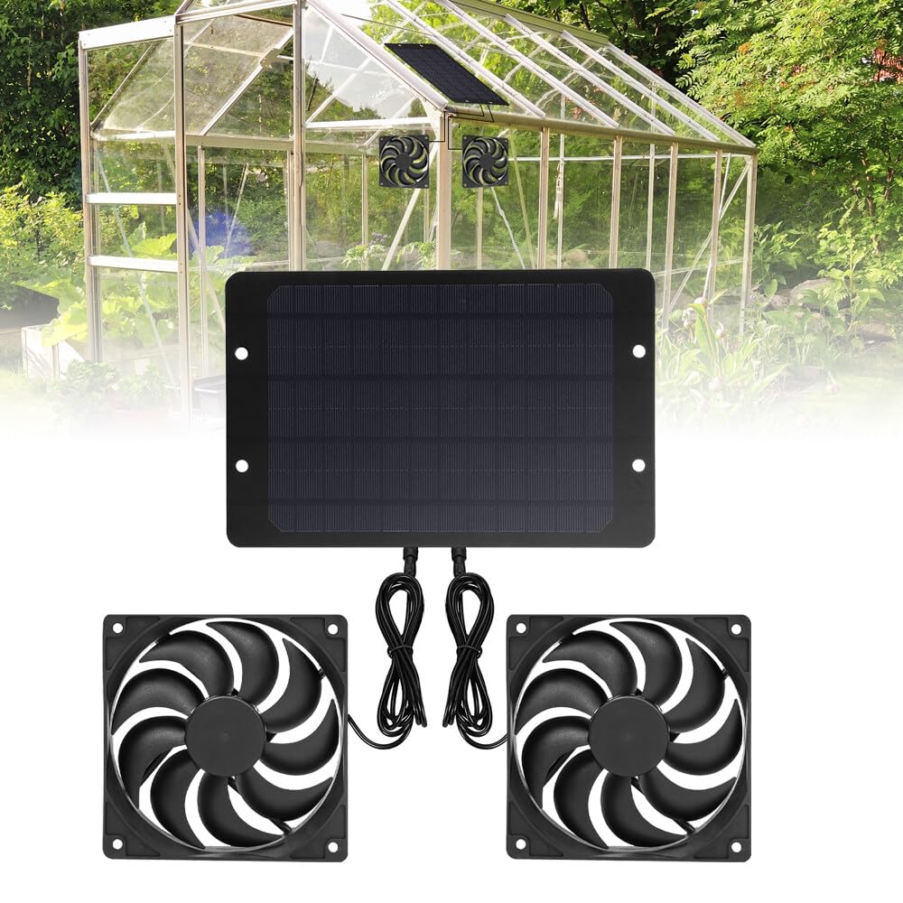 Lot de 2 ventilateurs solaires 12V 10W étanche IP65 pour serre, hangar, niche, poulailler, abri de jardin