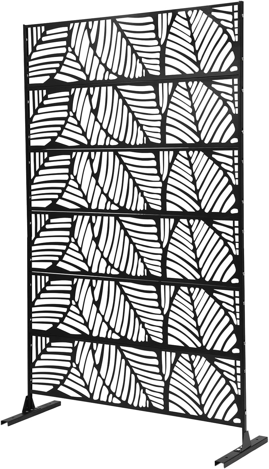 Outdoor Privacy Screens, Metal Freestanding Decor Privacy Fence Screen, Indoor Room Decorative Divider, Patio Privacy Screen Balcony Decorative Screen Set with Stand for Swimming (Leaf-Style)