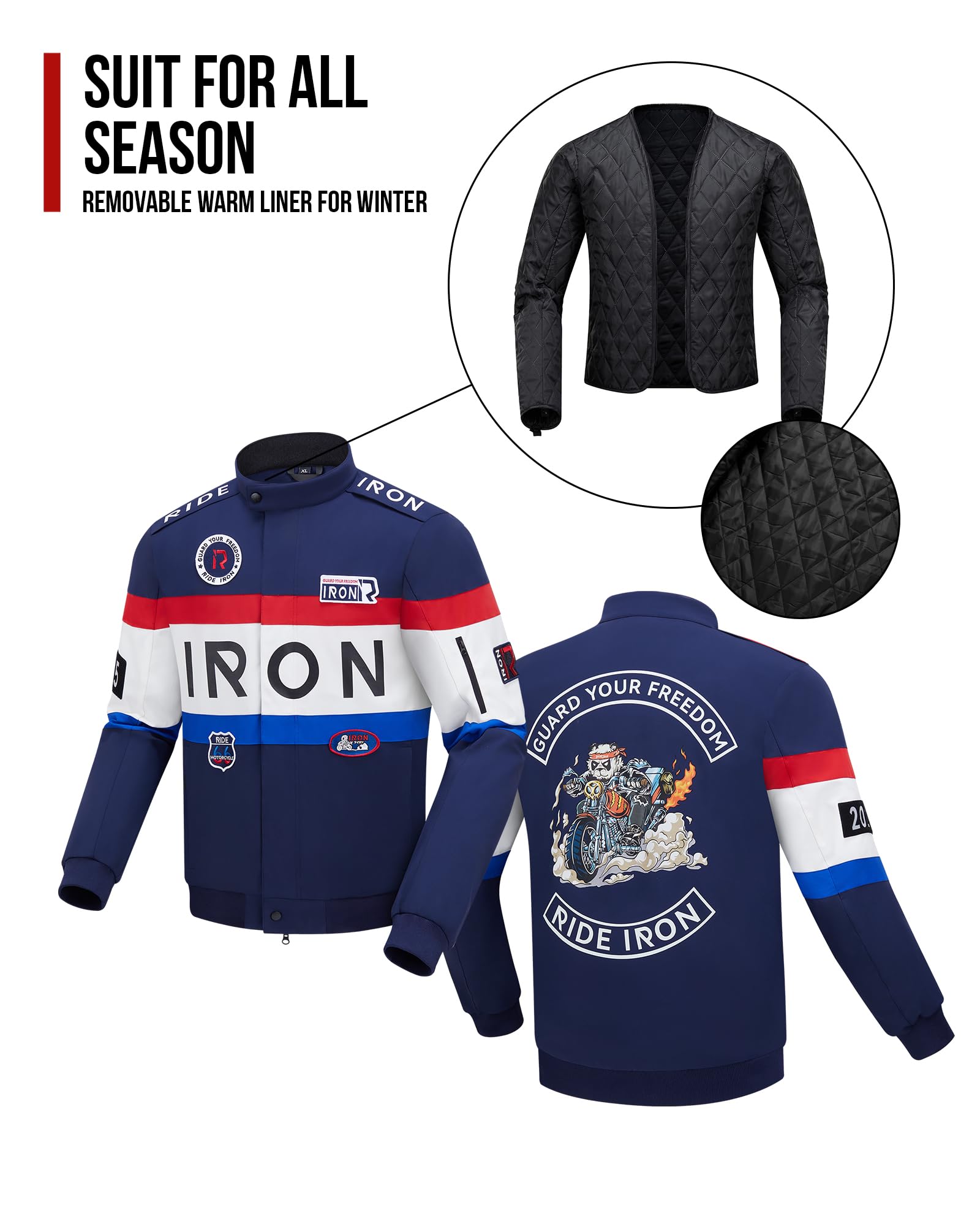 RIDEIRON Blouson Moto Homme avec Protections CE – Veste Moto Homologué 4 Saisons avec Doublure Amovible, Respirant et Résistant, Design avec Broderies et Grande Impression M-XXL