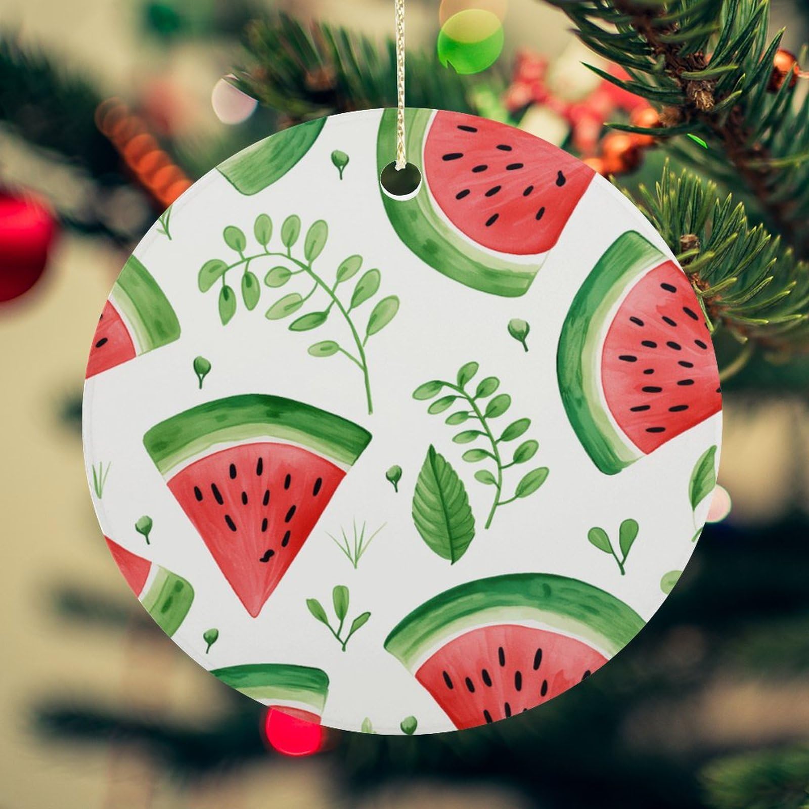 Watermelon Pattern Christmas Ornament for Christmas Tree Ceramic Round Ornament Winter Holiday Keepsake Gift 2.7" Christmas Tree Hanging Decorations Circle Ceramic Pendant Xmas Gift