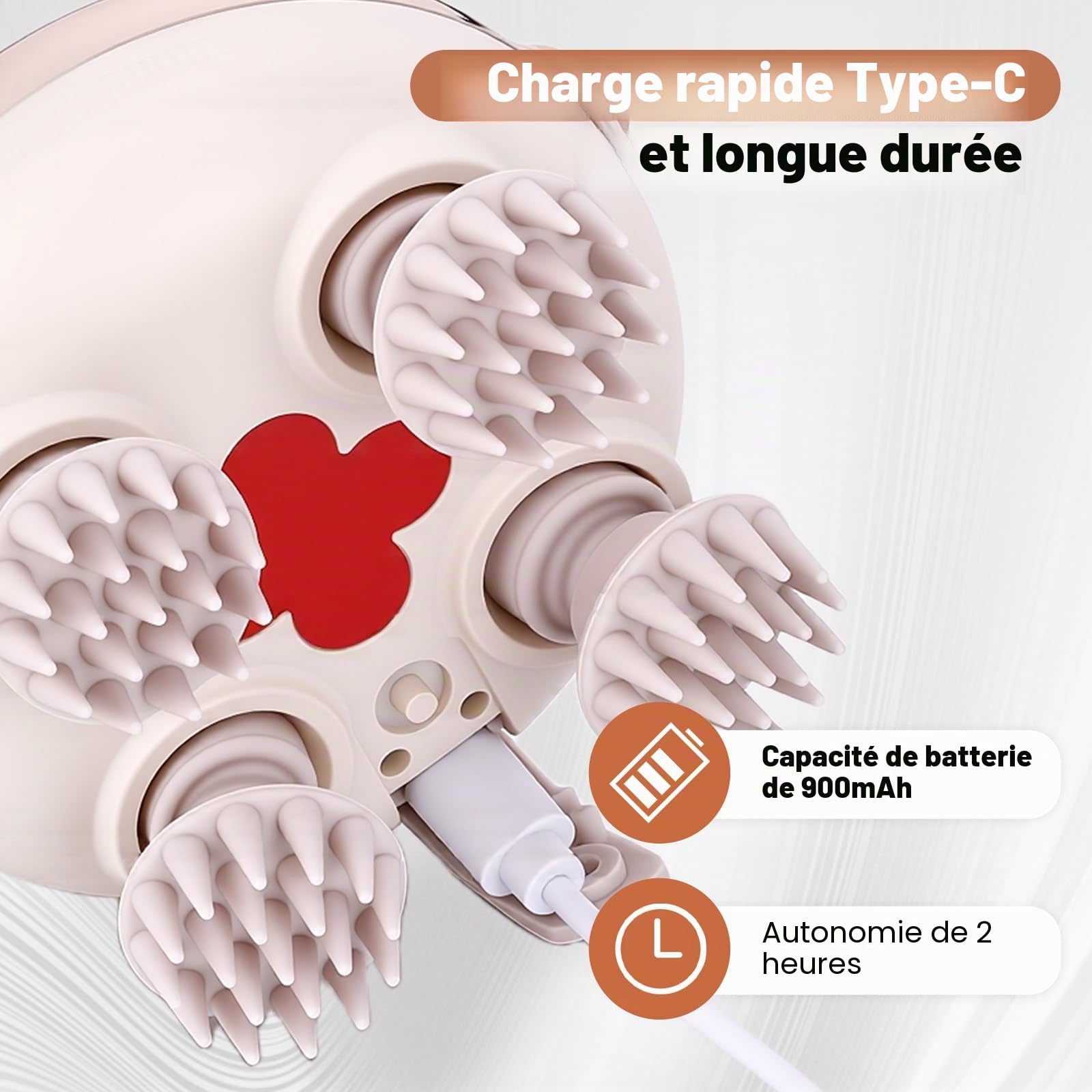 Masseur Électrique Intelligente Cuir Chevelu - Sans Fil, IPX7 Imperméable, 8 Têtes Silicone Interchangeables, Lumière Rouge, pour Soin du Cuir Chevelu et Relaxation Corporelle