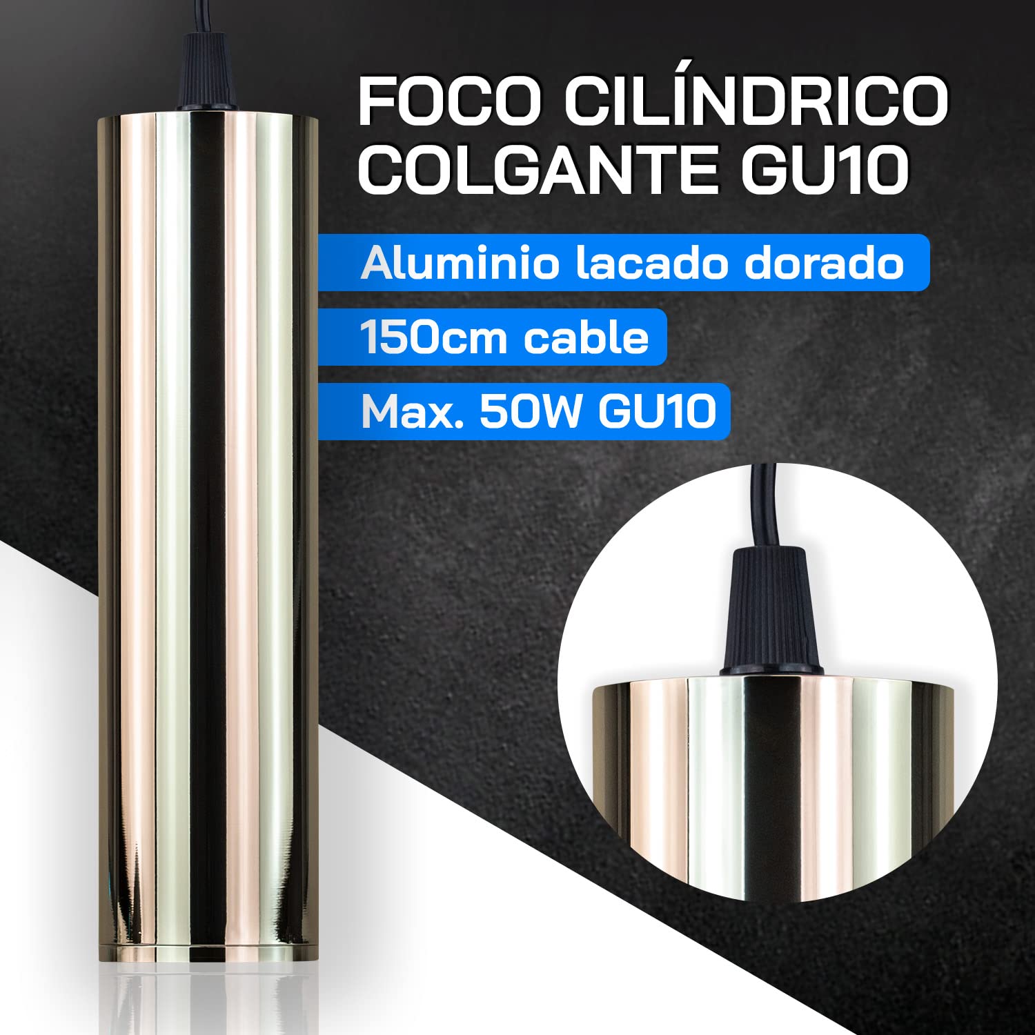 Popp® Foco Cilindro Lámpara GU10 (Bombilla No incluida) Colgante Techo Superficie Interior Moderno IP20 Ø52*200mm (Pack 5, Dorado)