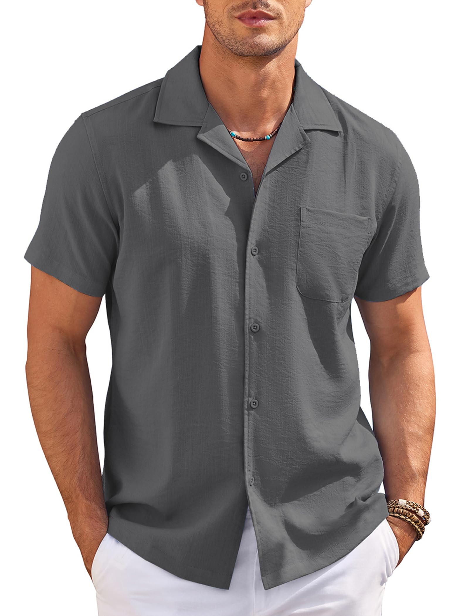 COOFANDYMen's Casual Button Down Shirts Short Sleeve Summer Cuban Vacation Beach Shirts