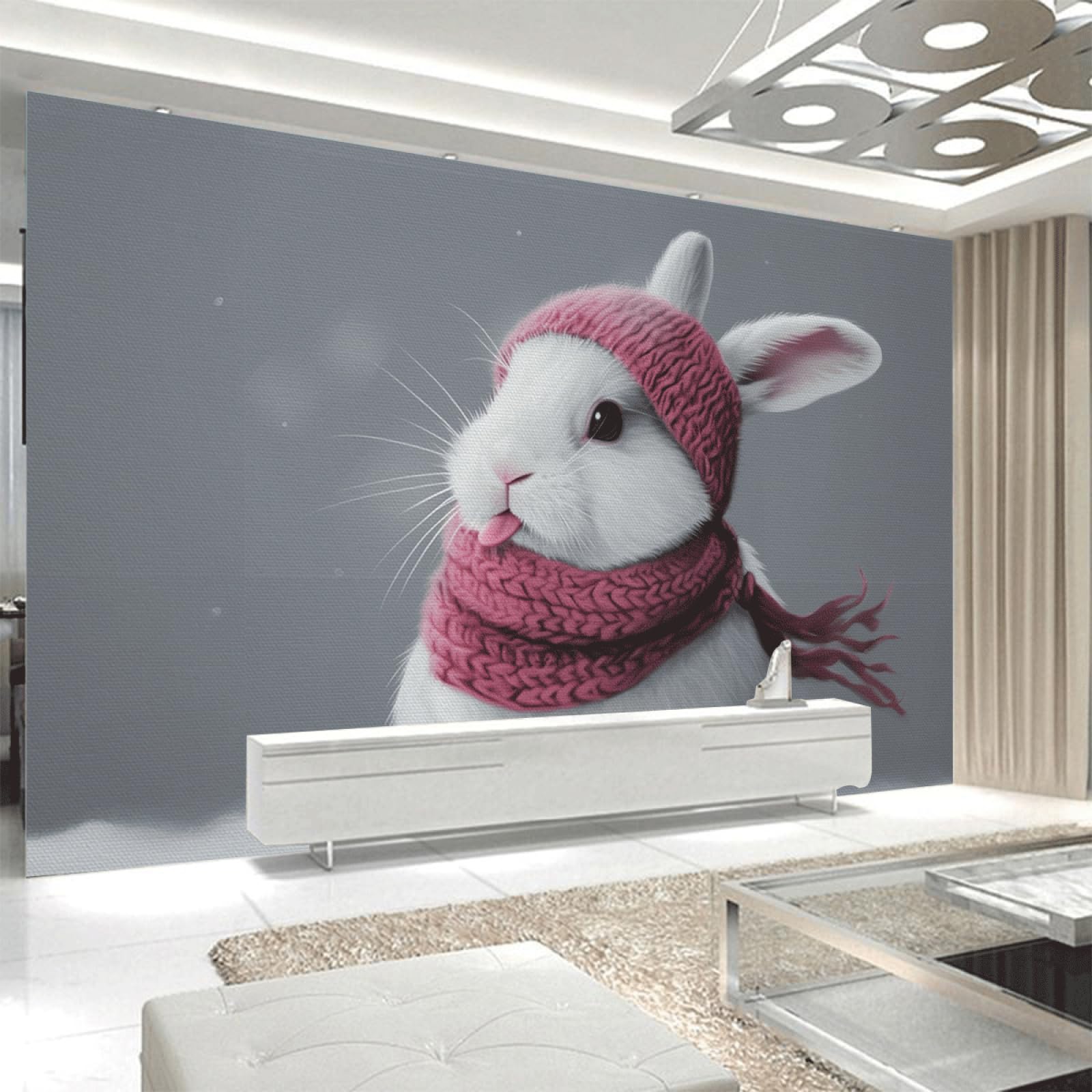 Papel Pintado Pared Conejo Rojo Gris Fotomurales Decorativos Pared Tela de Seda Fácil de Instala Removible para Pasillo y Sala de Estar Murales Decorativos Fácil de Limpiar 300x240cm