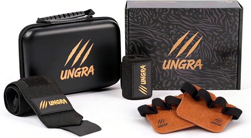 Kit Muñequeras Gym y Calleras de Cuero con Estuche Impermeable UNGRA – Wrist Wraps y Grips Antideslizantes para Crossfit, Calistenia y Pesas, Protector de Manos y Muñecas Unisex Talla Única