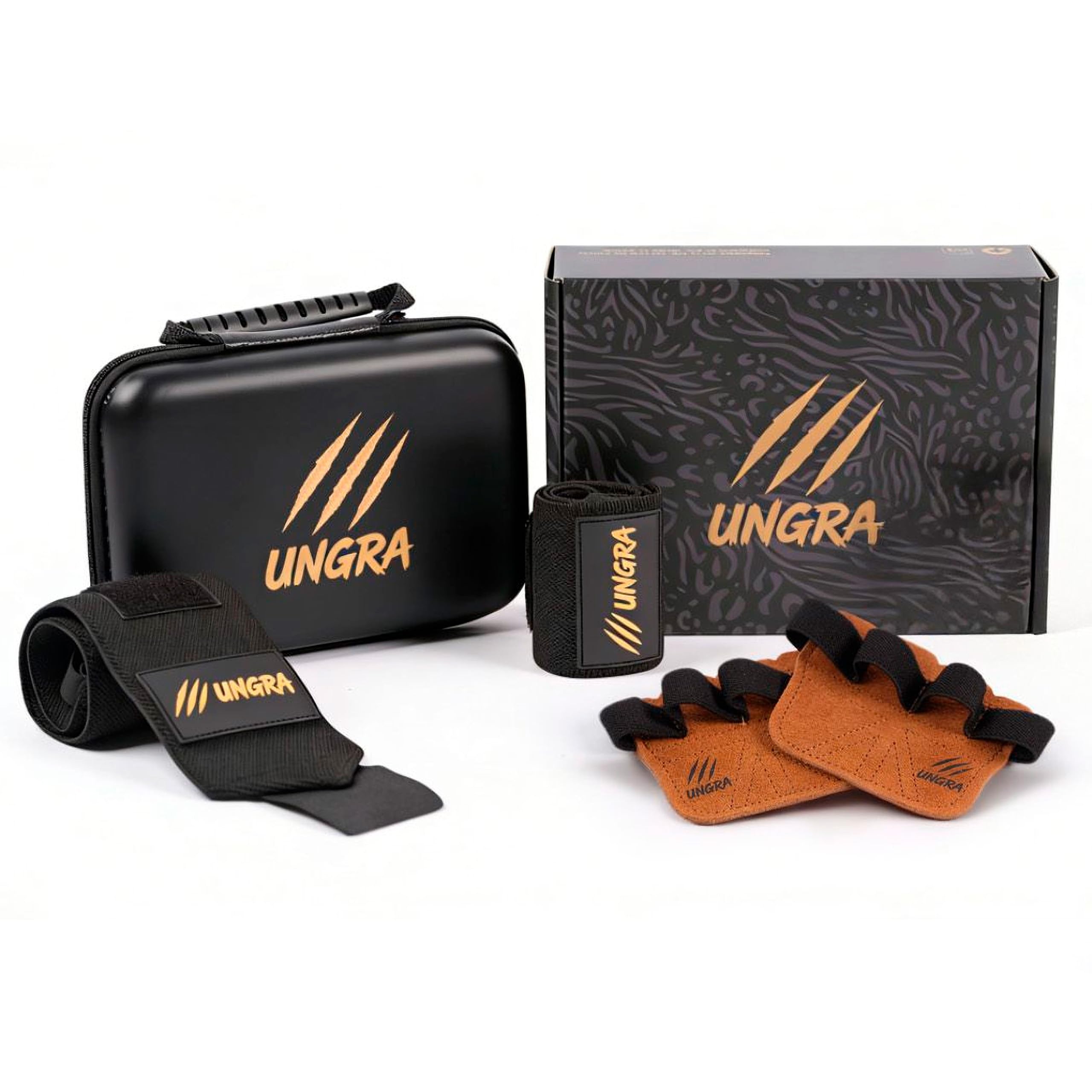 Kit Muñequeras Gym y Calleras de Cuero con Estuche Impermeable UNGRA – Wrist Wraps y Grips Antideslizantes para Crossfit, Calistenia y Pesas, Protector de Manos y Muñecas Unisex Talla Única