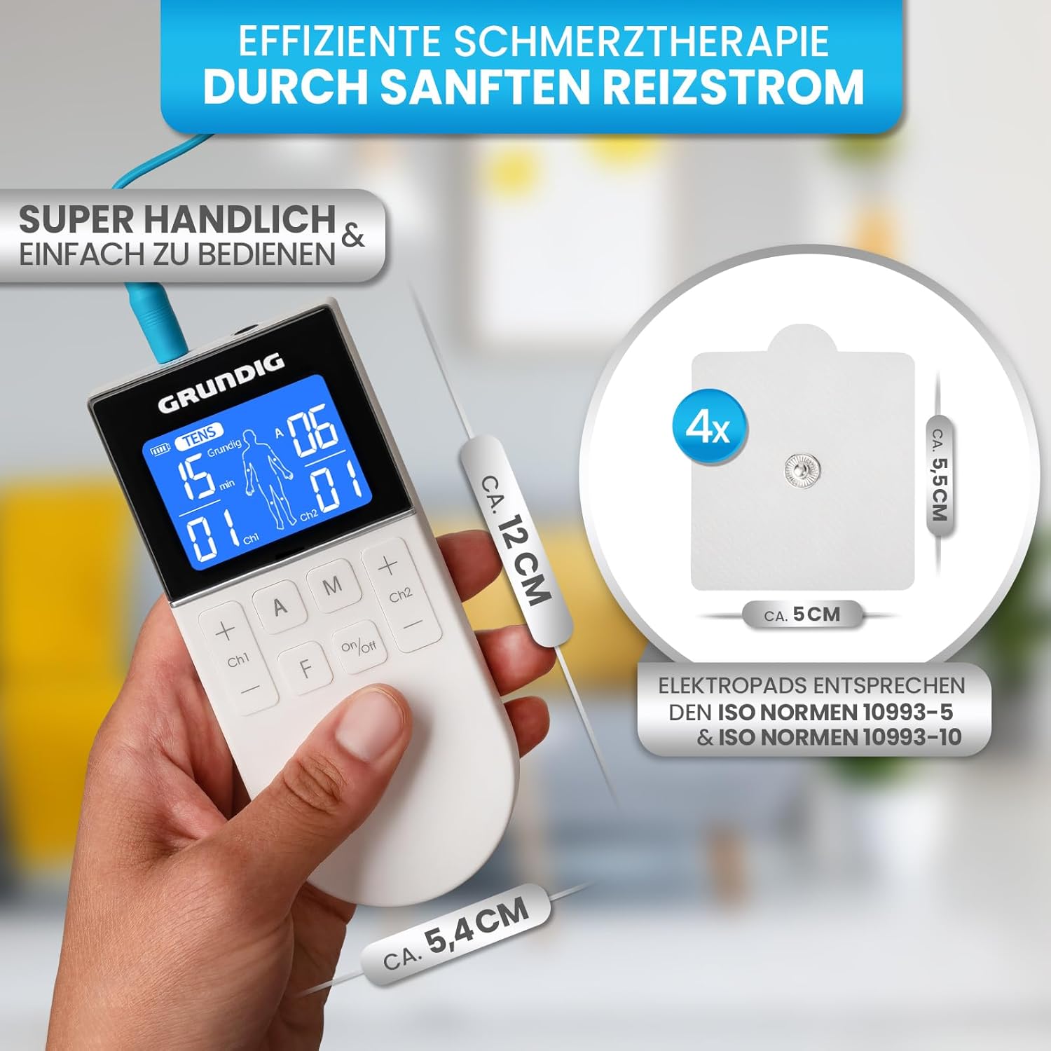 GRUNDIG device held in hand, showing its compact size and the dimensions of the electrode pads.