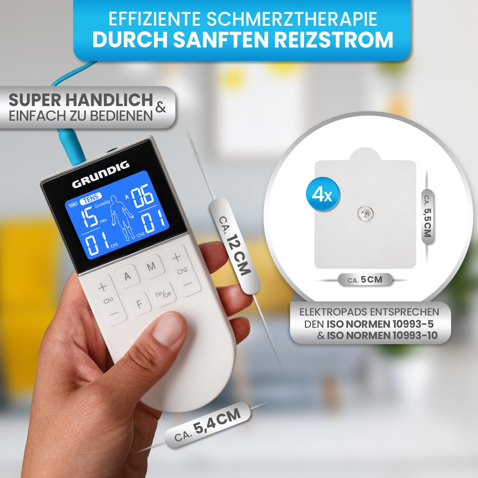 GRUNDIG Tens Gerät Schmerztherapie Reizstromgerät - Zertifiziertes Reizstrom Medizinprodukt mit 50 Programmen und 16 Intensitätsstufen - 3in1 Akku EMS Gerät zur Muskelentspannung (Gerät)