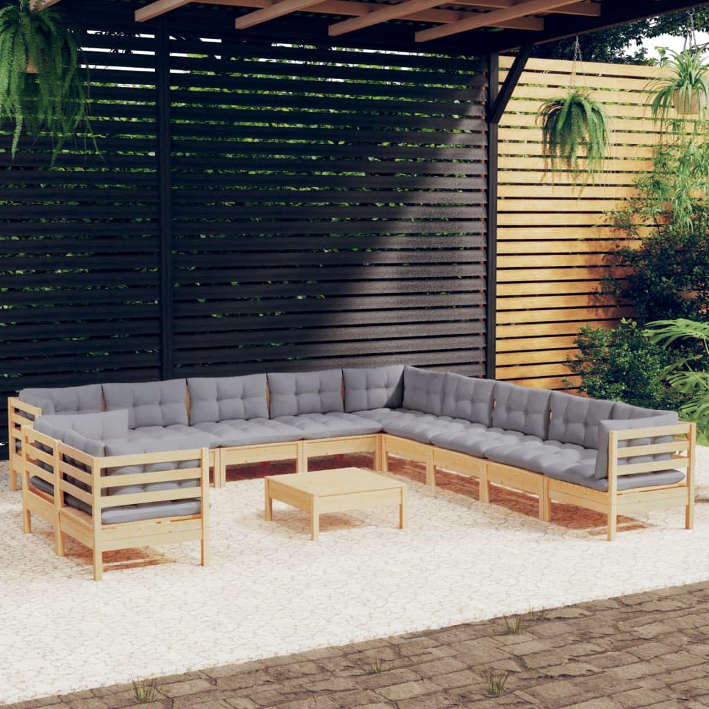 Juego de salón de jardín de madera de pino macizo con cojines grises, conjunto de asientos para terraza y jardín, modular combinable, soporta hasta 110 kg por asiento
