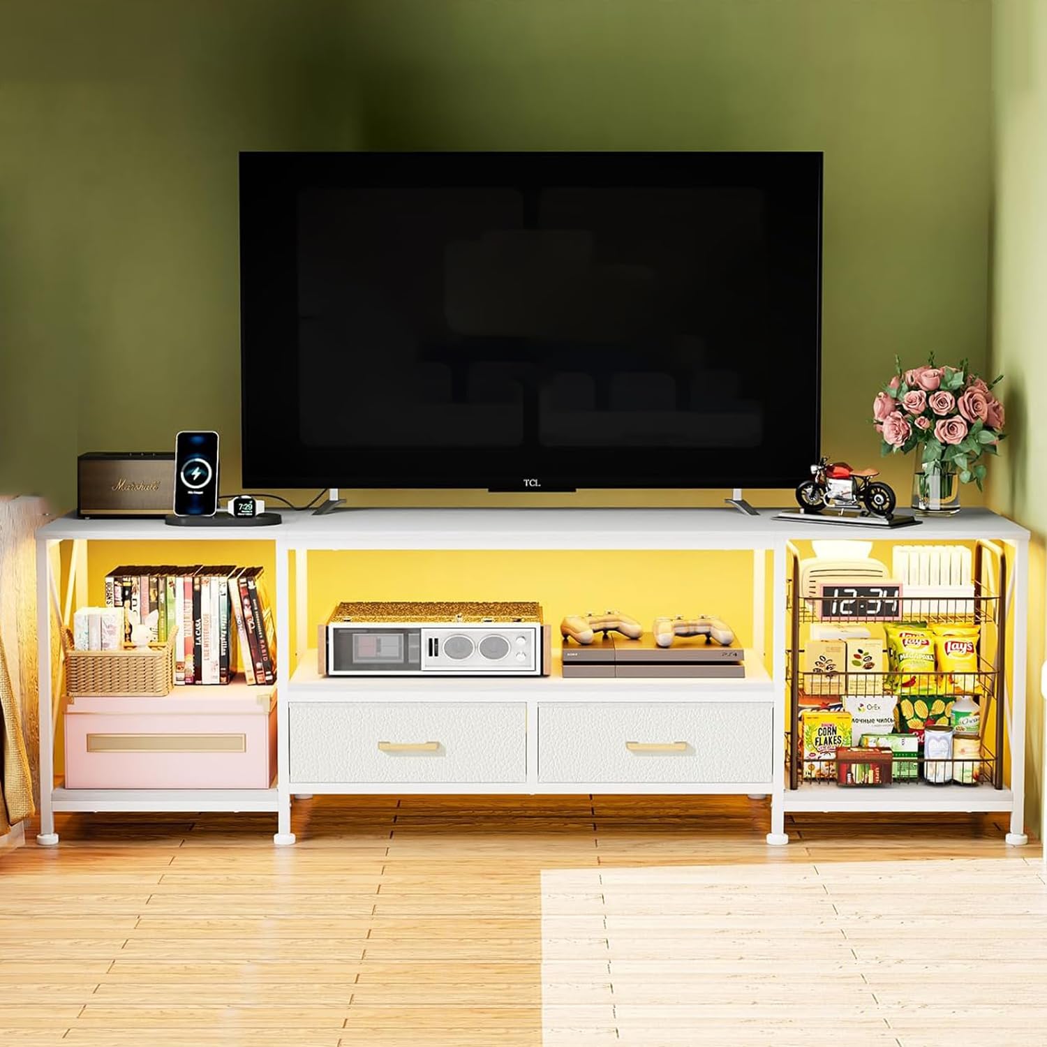 Mobile TV con Luci LED, 2 Porta USB e 2 Presa, Mobile per TV Soggiorno Moderno Mobili, con 3 ripiani e 2 cassetti,180x40x58 cm (Bianco-A)