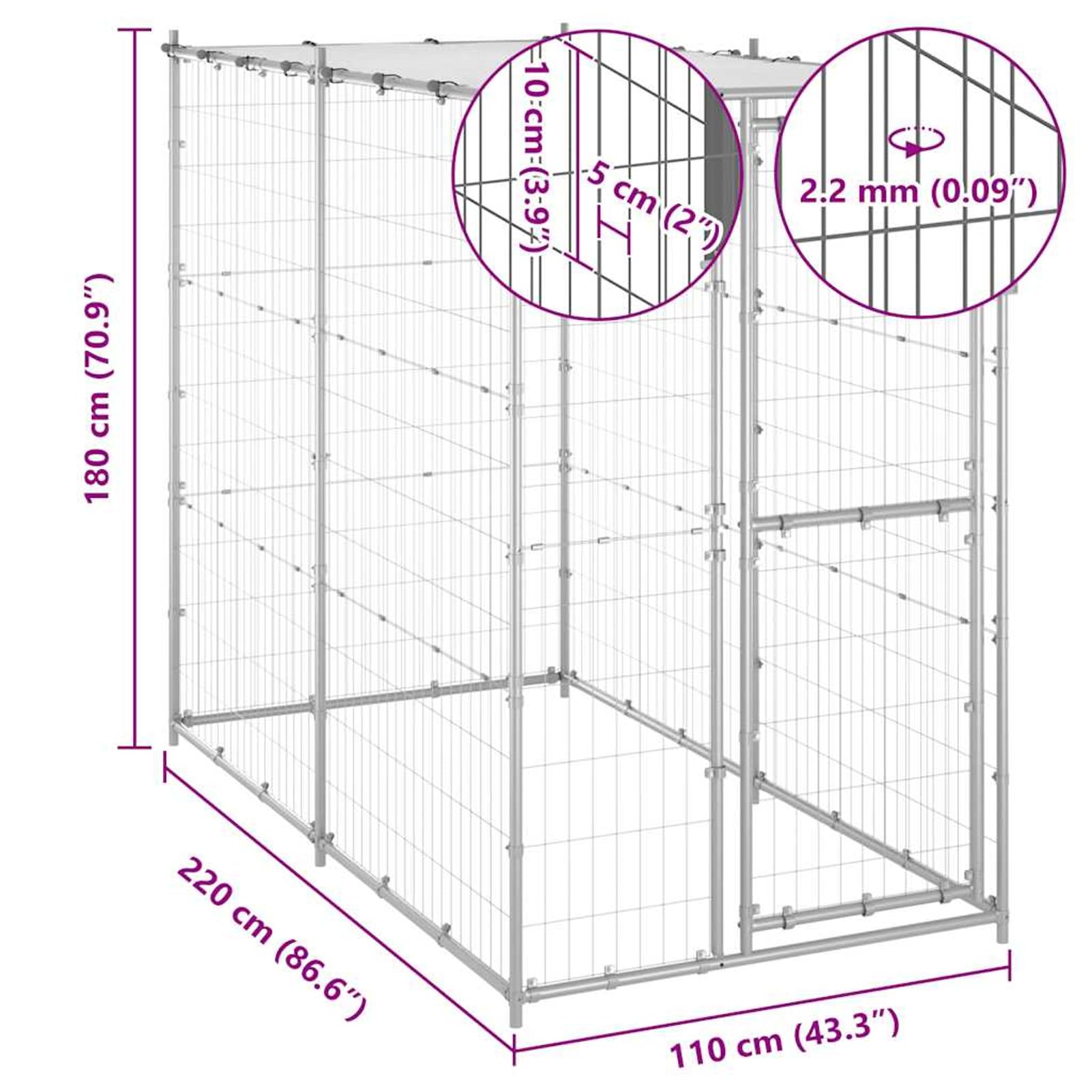 Gecheer Outdoor-Hundezwinger mit Dach Verzinkter Stahl 110x220x180 cm, Hundezwinger Freilaufgehege für große Hunde Garten Camping Outdoor150800