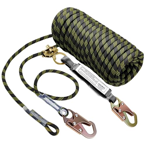 Vertical Lifeline Assembly 100FT, Fall Protection Rope Safety Lanyard | Grab Snap Hooks Shock Absorber, Tree Climbing Line Kit Heavy Duty Safety Equipment ANSI CE