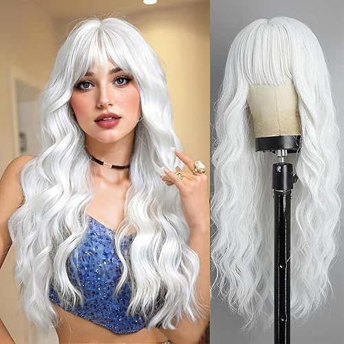Lativ White Wig With Bangs Long Wavy Wig For Women White Color Wigs Synthetic Curly wig Natural Looking Heat Resistant Hair For Daily Party Cosplay Use 26 Inches - White