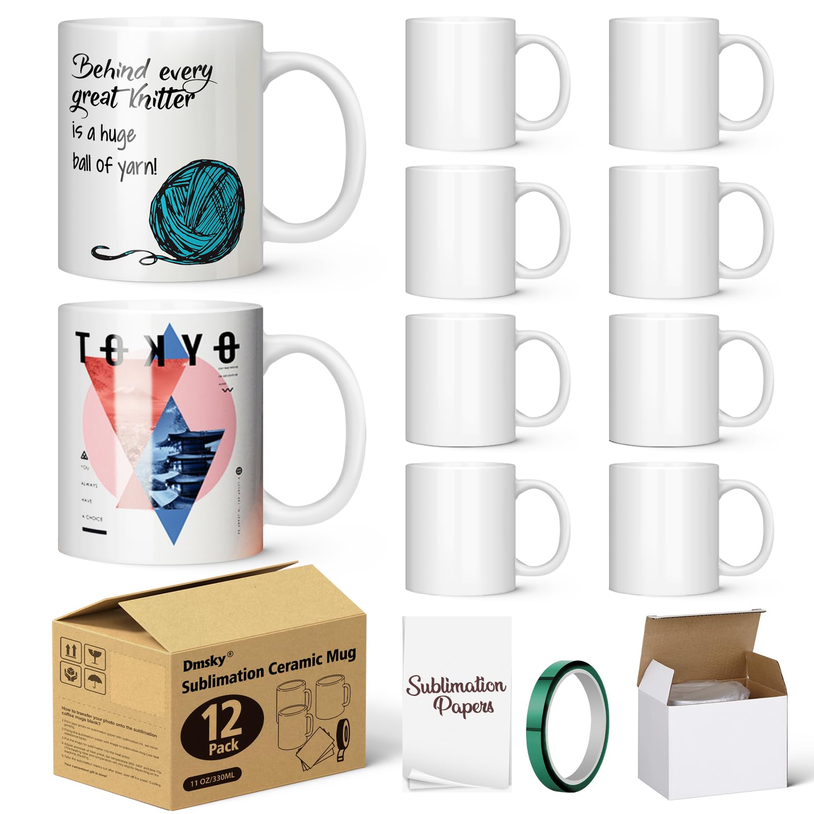 Dmsky12 Pack Sublimation Mugs 11 OZ White Ceramic Photo Cups Blank bulk Coffee Mugs Tazas Para Sublimation Cups With Box, Heat Tape, sublimation paper Ideal for Crafts and Printing